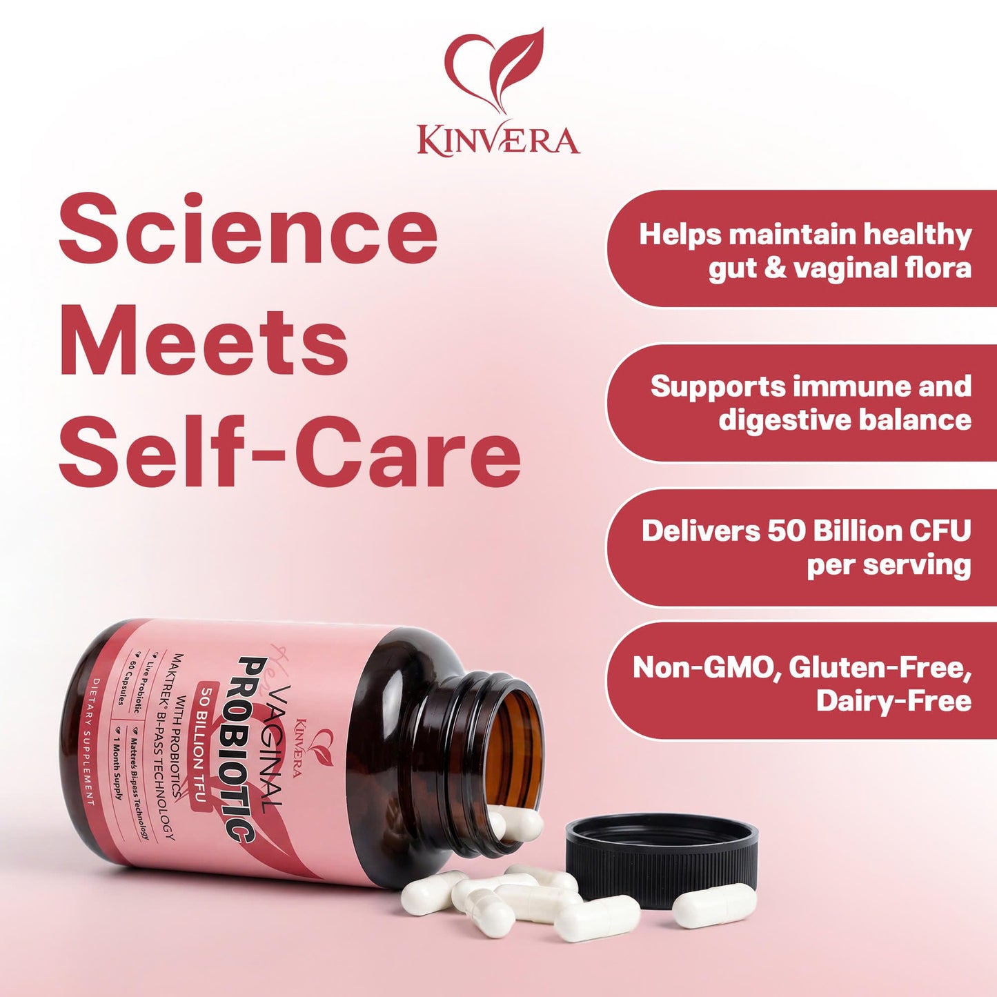KINVERA Probiotics for Women with Prebiotics – 50 Billion CFU – Digestive, Immune & Vaginal Health – 60 Capsules