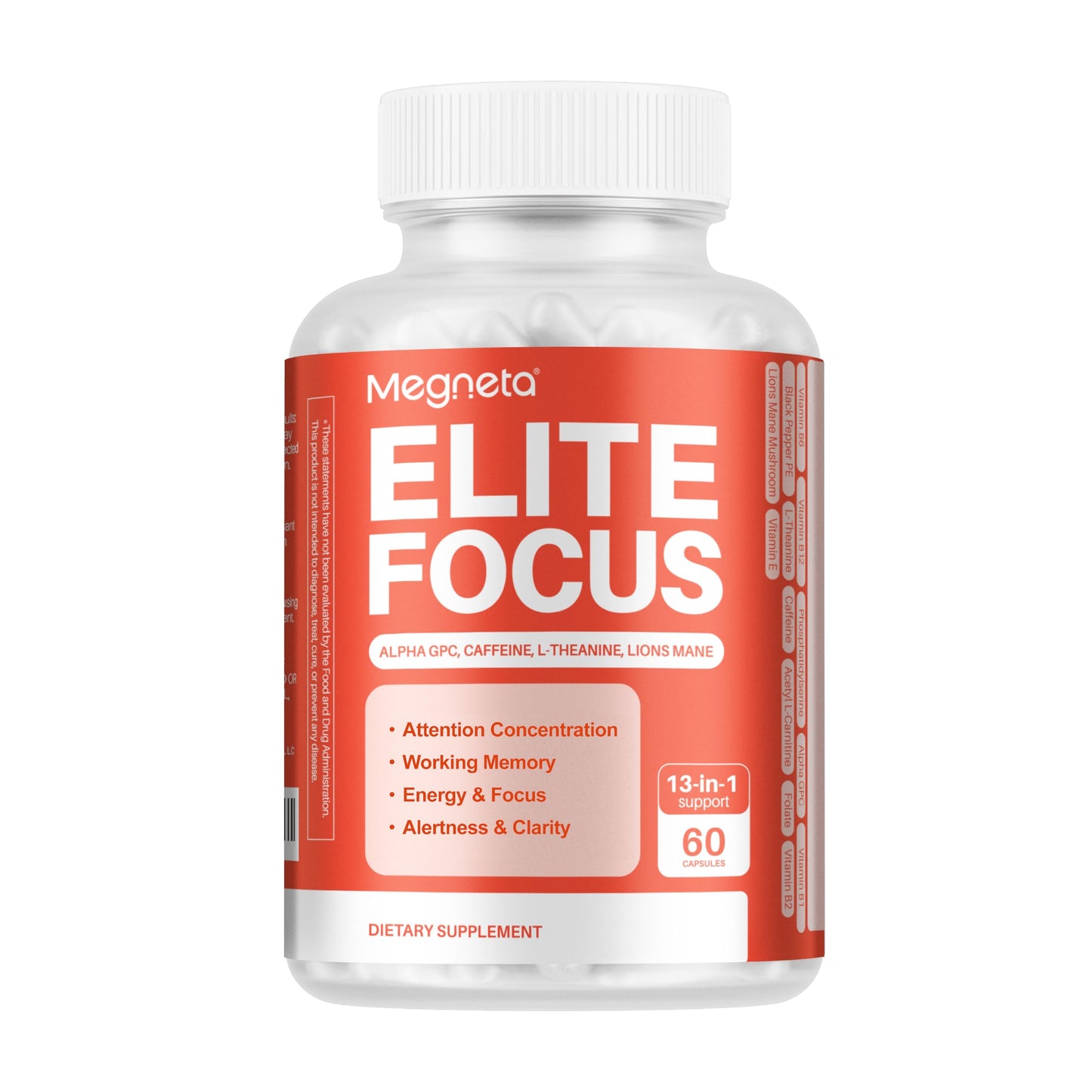 MEGNETA Elite Focus Premium Nootropic Supplement with Multi-Vitamin & L-Theanine for Cognitive Support, 60 Capsules