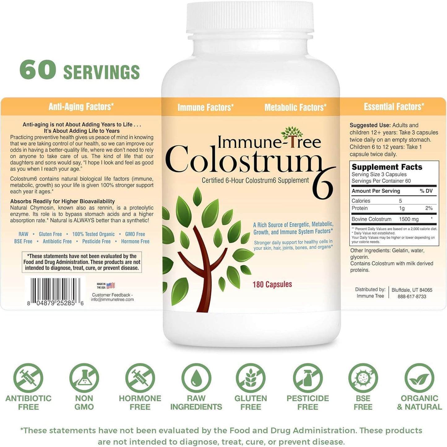 Immune-Tree 100% Pure Bovine Colostrum (Grass-Fed) Capsules, 180 Count