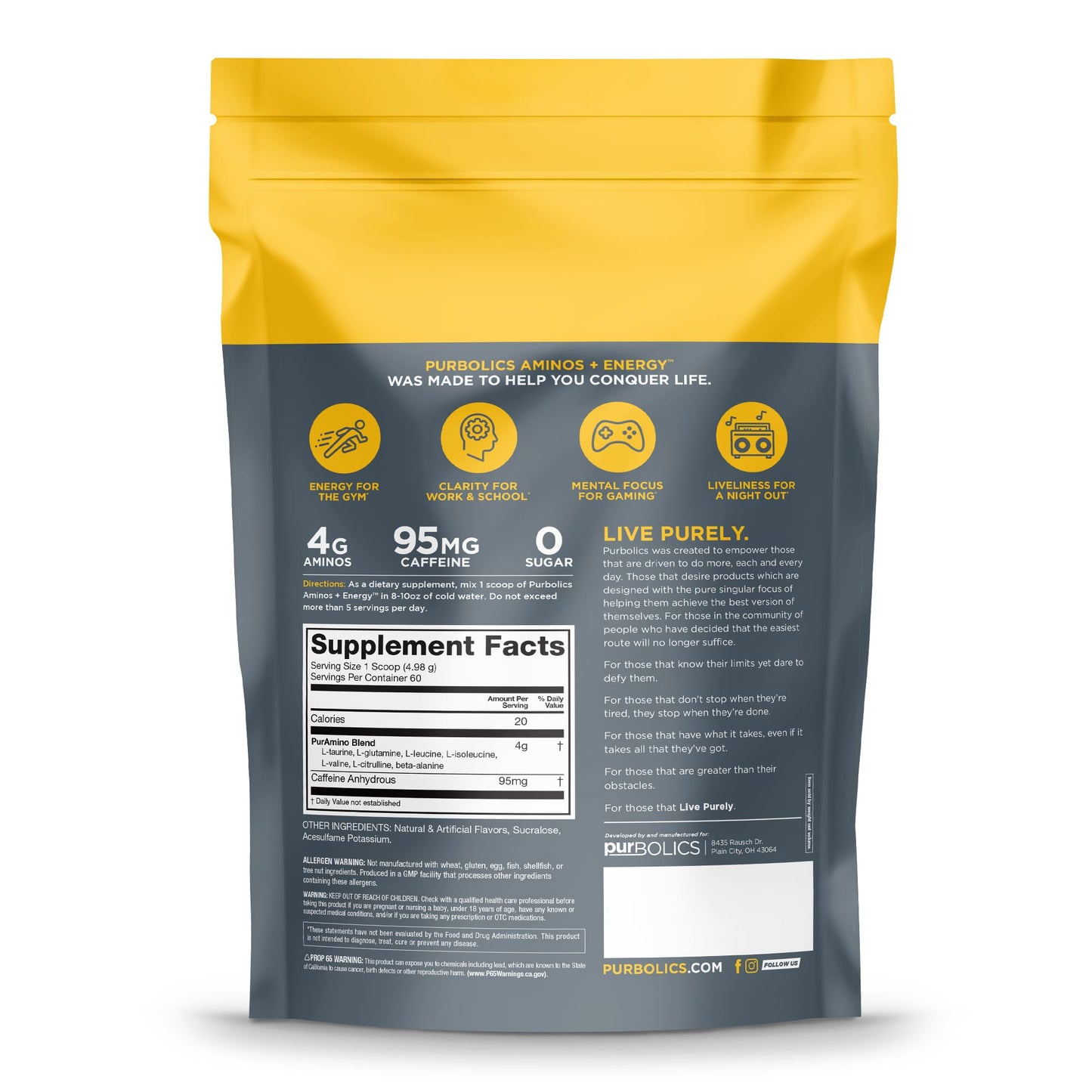 Purbolics Aminos + Energy Powder, 10.08 oz