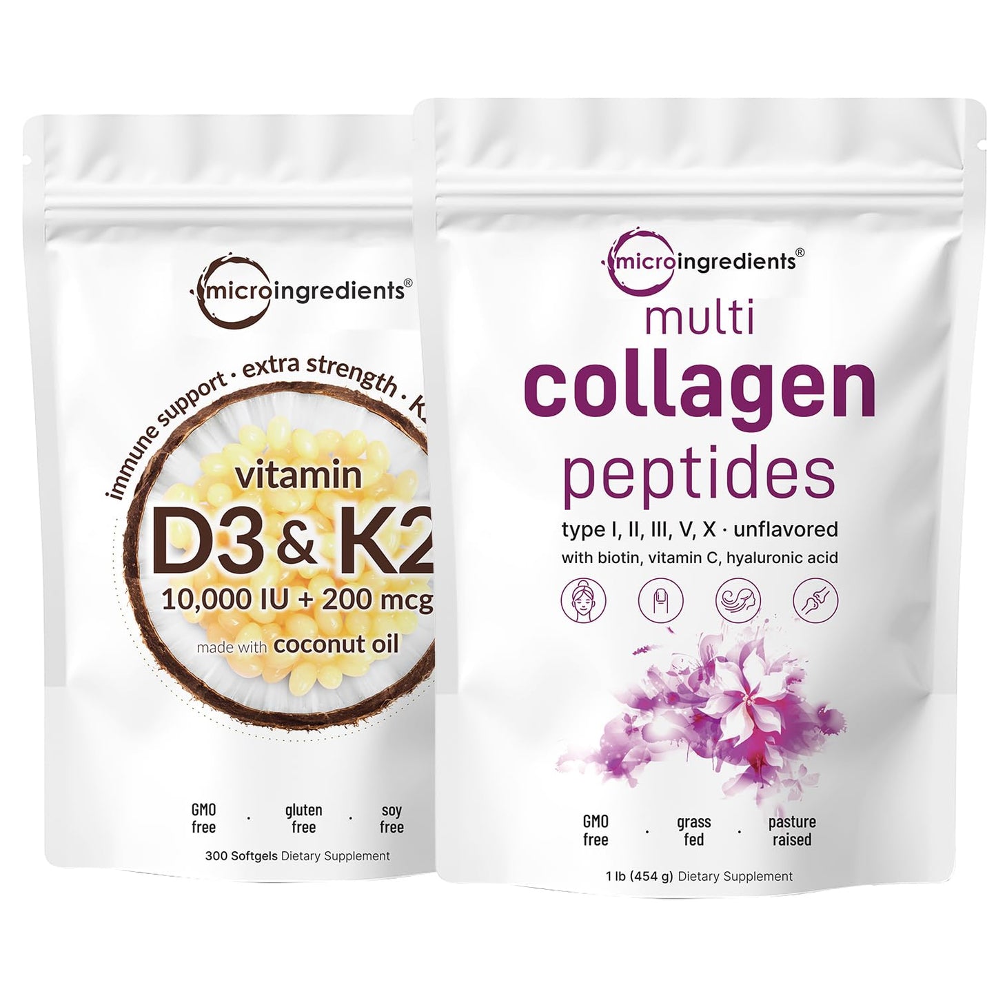 Micro Ingredients Vitamin D3 10000iu + K2 200mcg Coconut Oil Softgels & Multi Collagen Protein Powder Bundle, 2 Pack