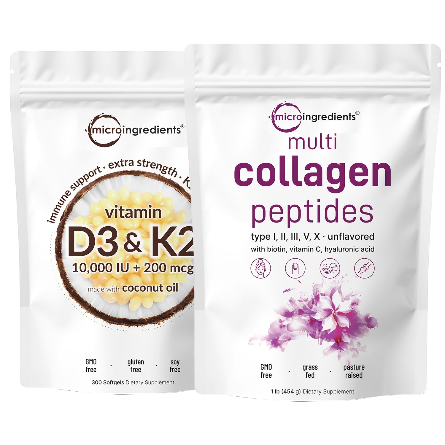 Micro Ingredients Vitamin D3 10000iu + K2 200mcg Coconut Oil Softgels & Multi Collagen Protein Powder Bundle, 2 Pack