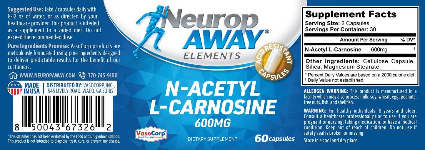 NeuropAWAY N-Acetyl-L-Carnosine 600mg Capsules, 60 Count