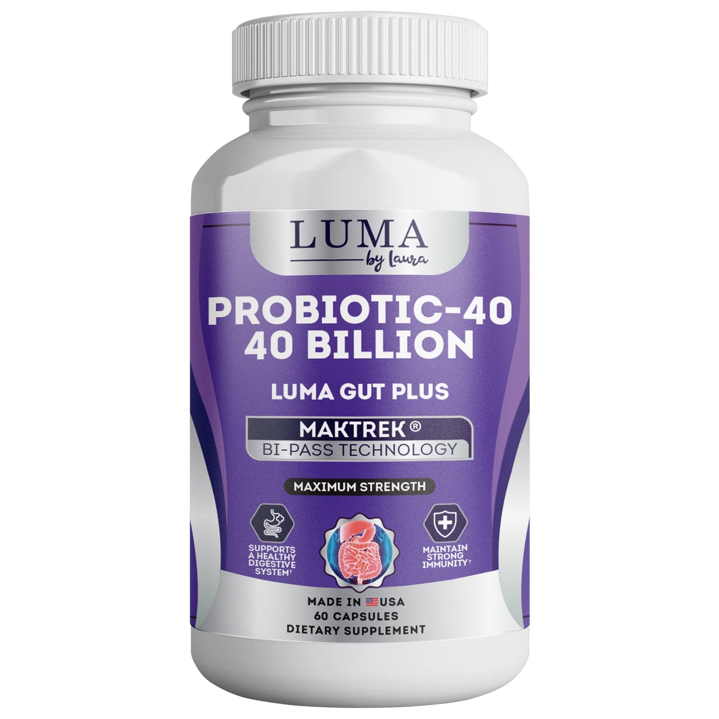 Luma By Laura Adult Probiotics 40 Billion CFU for Stomach Acid Resistant - Maximum Potency for Gut Health & Immune Support - No Dairy, Gluten, Wheat, Yeast - 60 Veggie Capsules