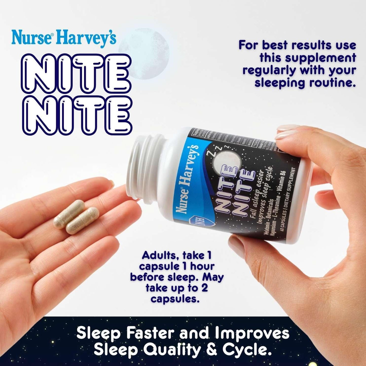 Nurse Harvey's Nite Nite Adult Sleep Capsules with 3mg Melatonin, Magnesium Bisglycinate, Vitamin B6 – 60 Vegan Capsules
