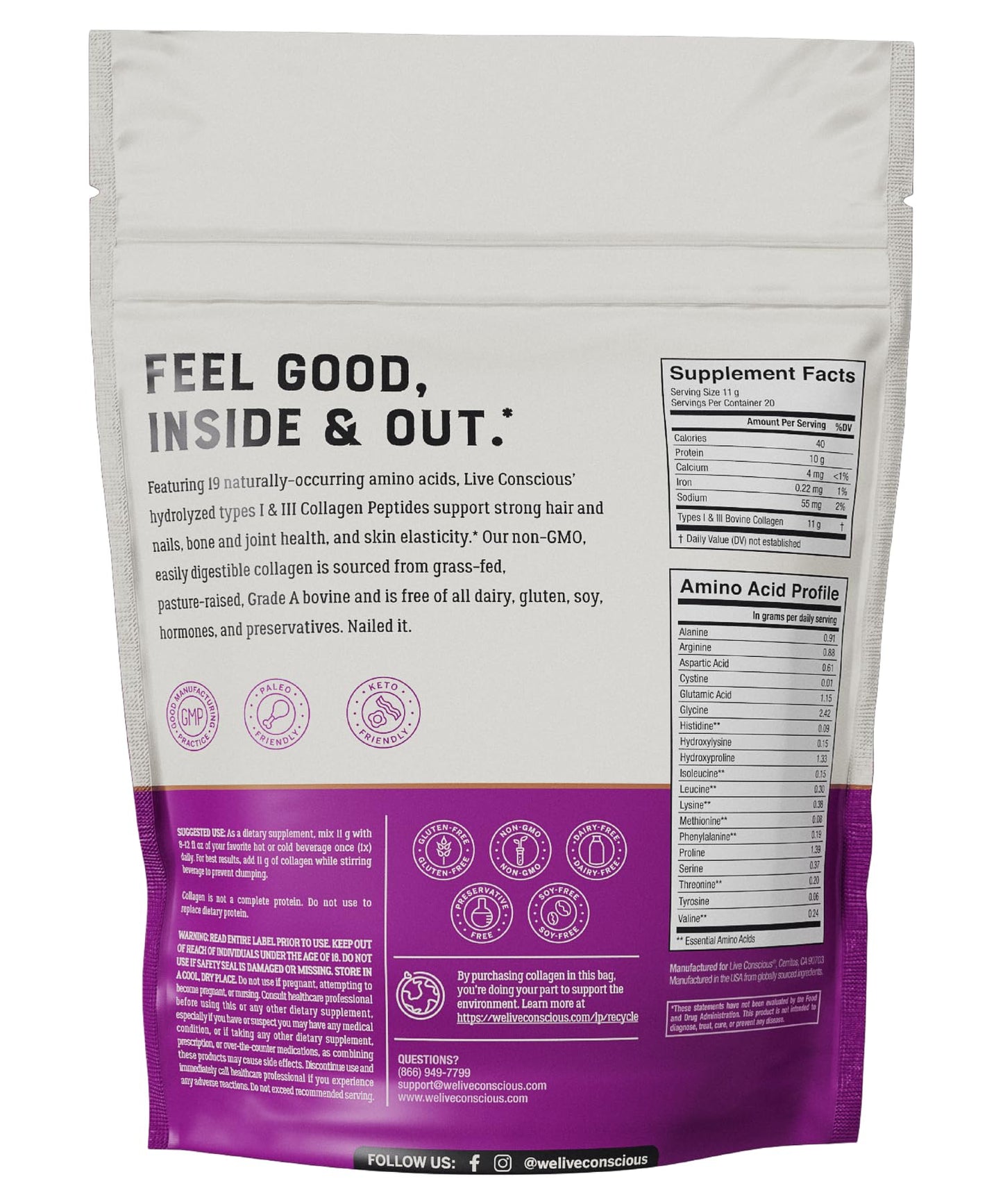 Live Conscious Collagen Powder Hydrolyzed Collagen Peptides Type I & III Unflavored, Keto & Paleo Friendly, 7.8 oz