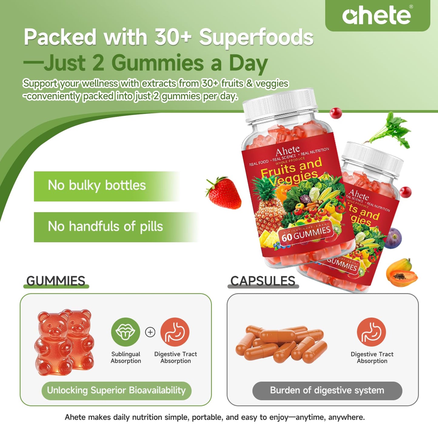 Ahete Fruit and Veggies Vitamin A C E Gummies, 180 Count (60 Count per Pack, Pack of 3)