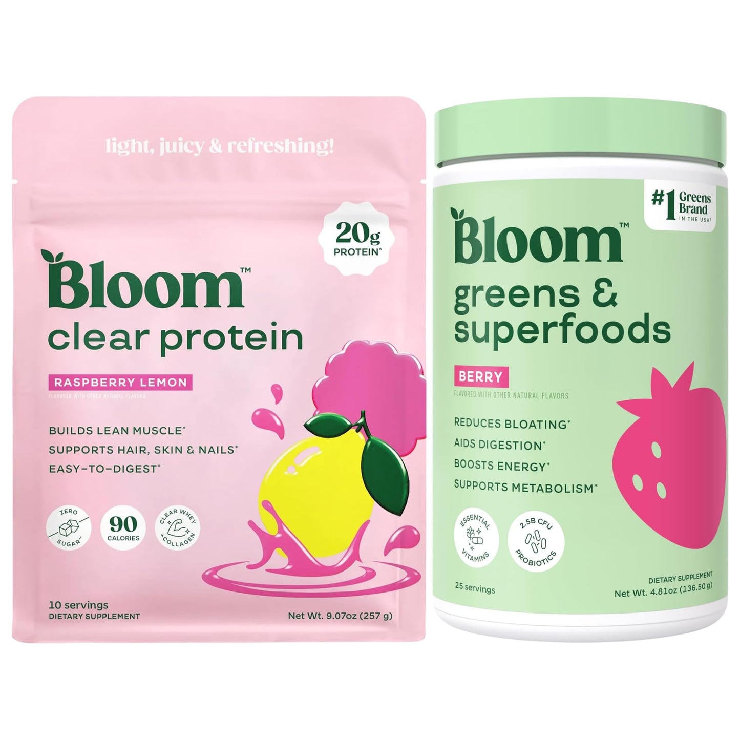 Bloom Nutrition Raspberry Lemonade Clear Protein and Berry Greens Powder Bundle
