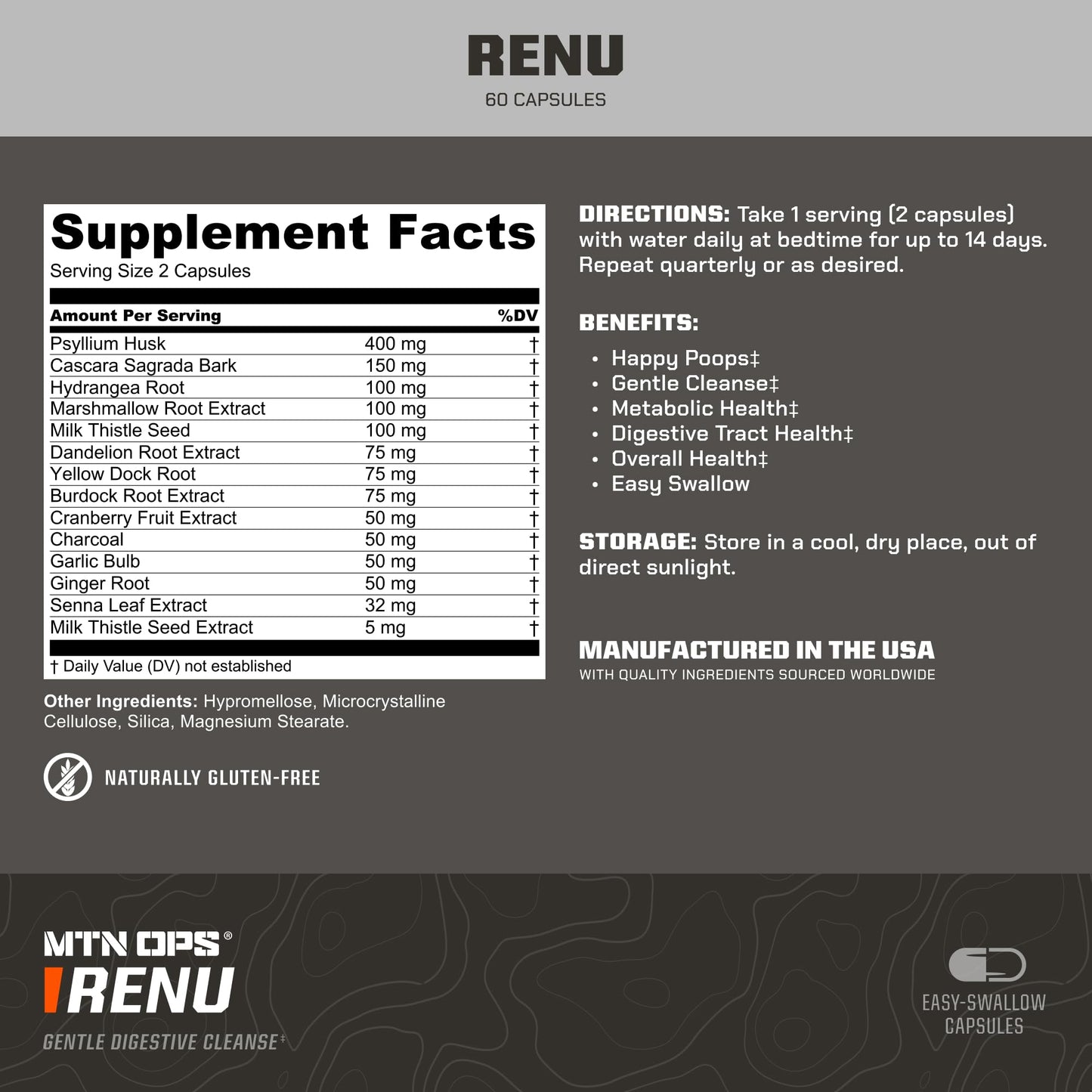 MTN OPS Renu Psyllium Husk for Digestive Health Capsules, 60 Count