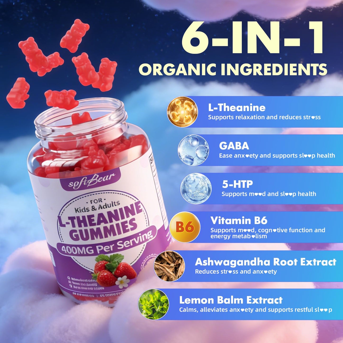 Softbear L-Theanine 400mg Gummies, 60 Count