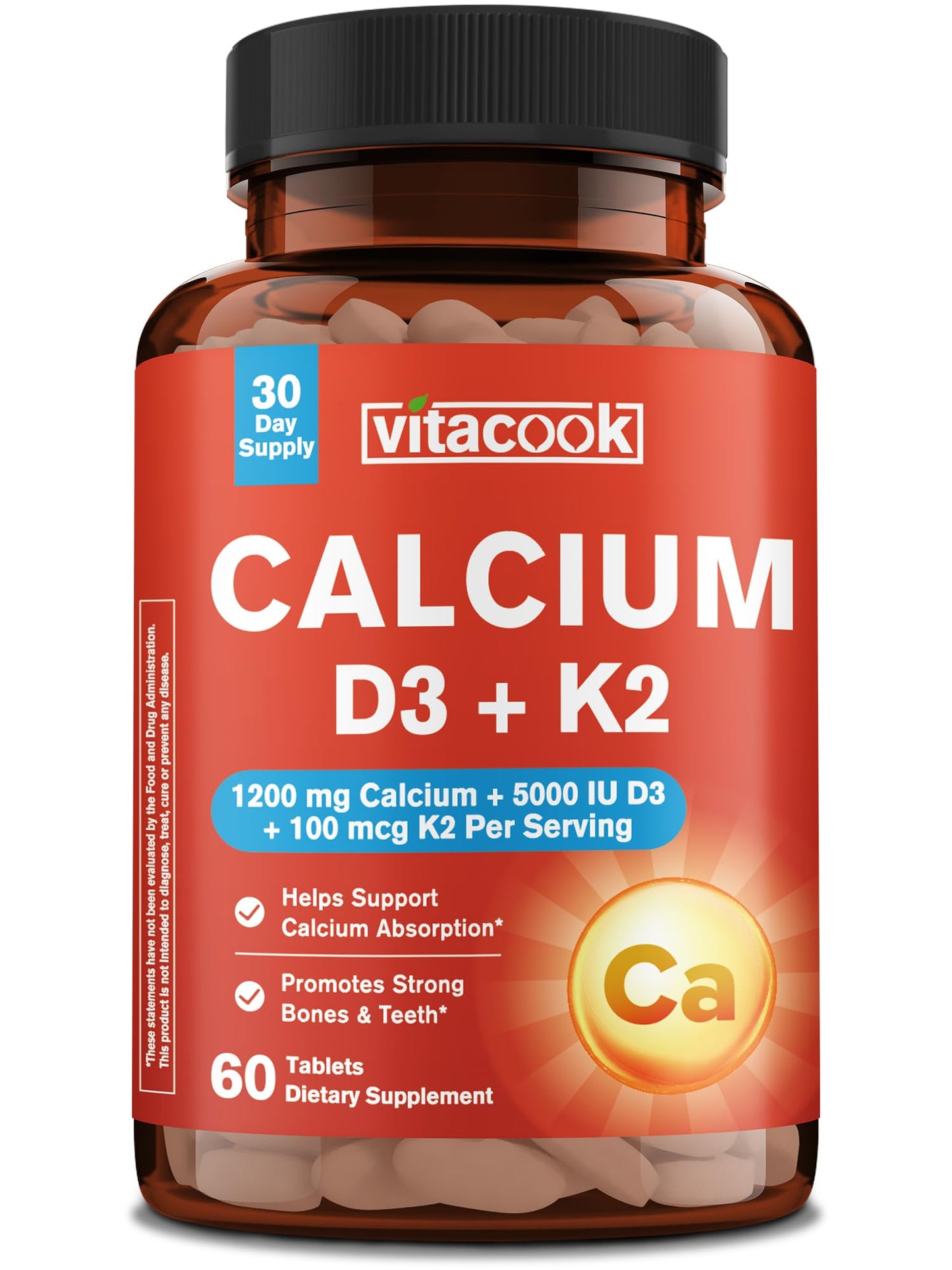 Vitacook Calcium Supplements for Women & Men, 1200 mg with Vitamin D3 K2, 5000 IU D3, 100 mcg MK-7, Non-GMO, 60 Tablets