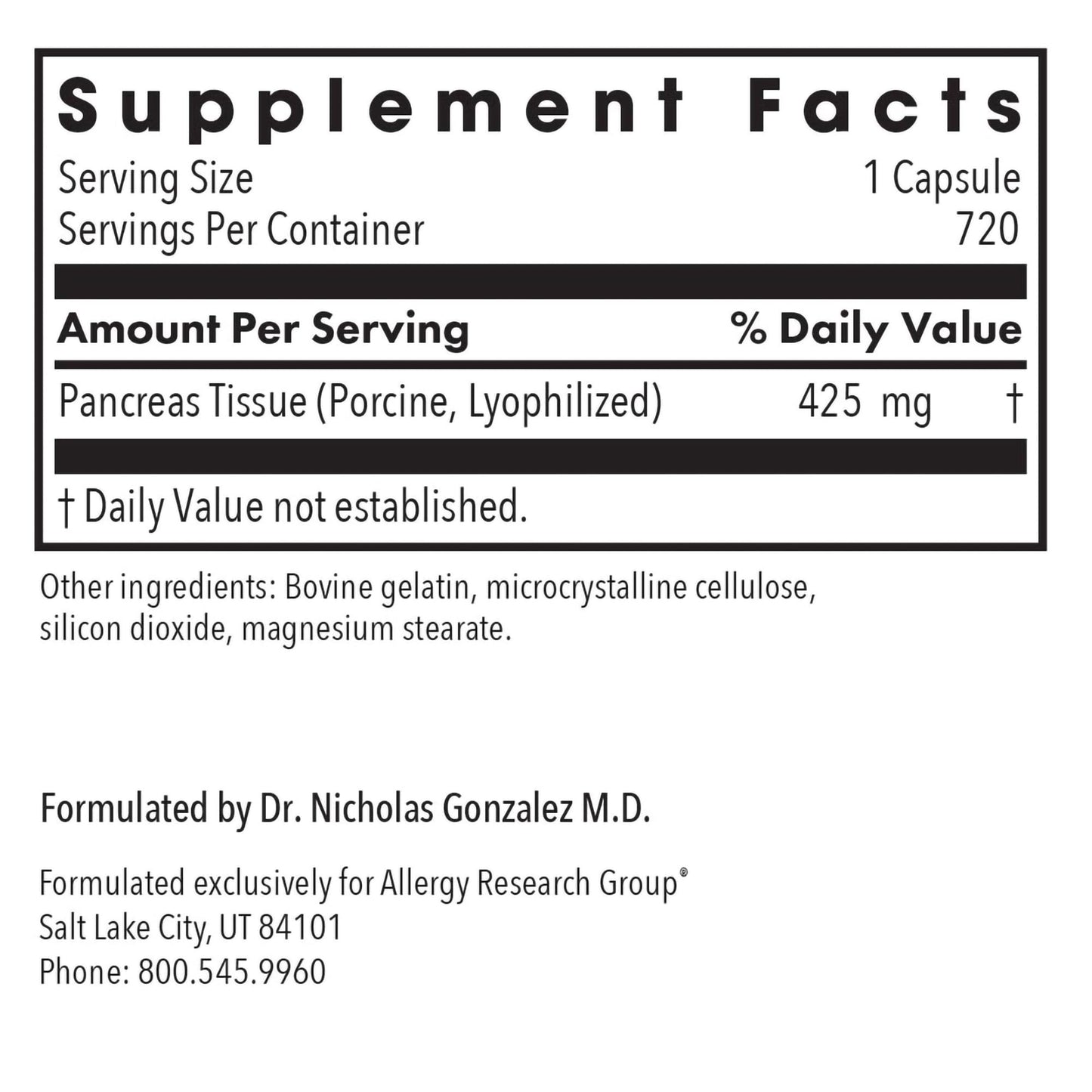 Allergy Research Group ARG Pancreas Natural Glandular Capsules 720