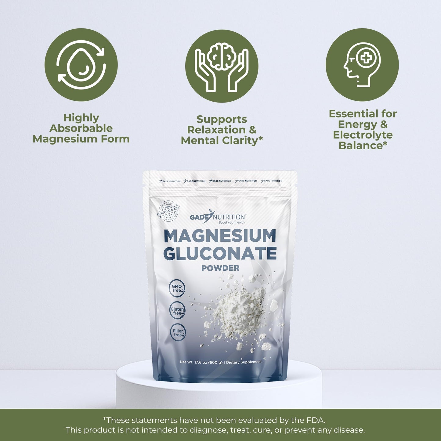 GADE NUTRITION BOOST YOUR HEALTH Pure Magnesium Gluconate Powder, 17.6 oz