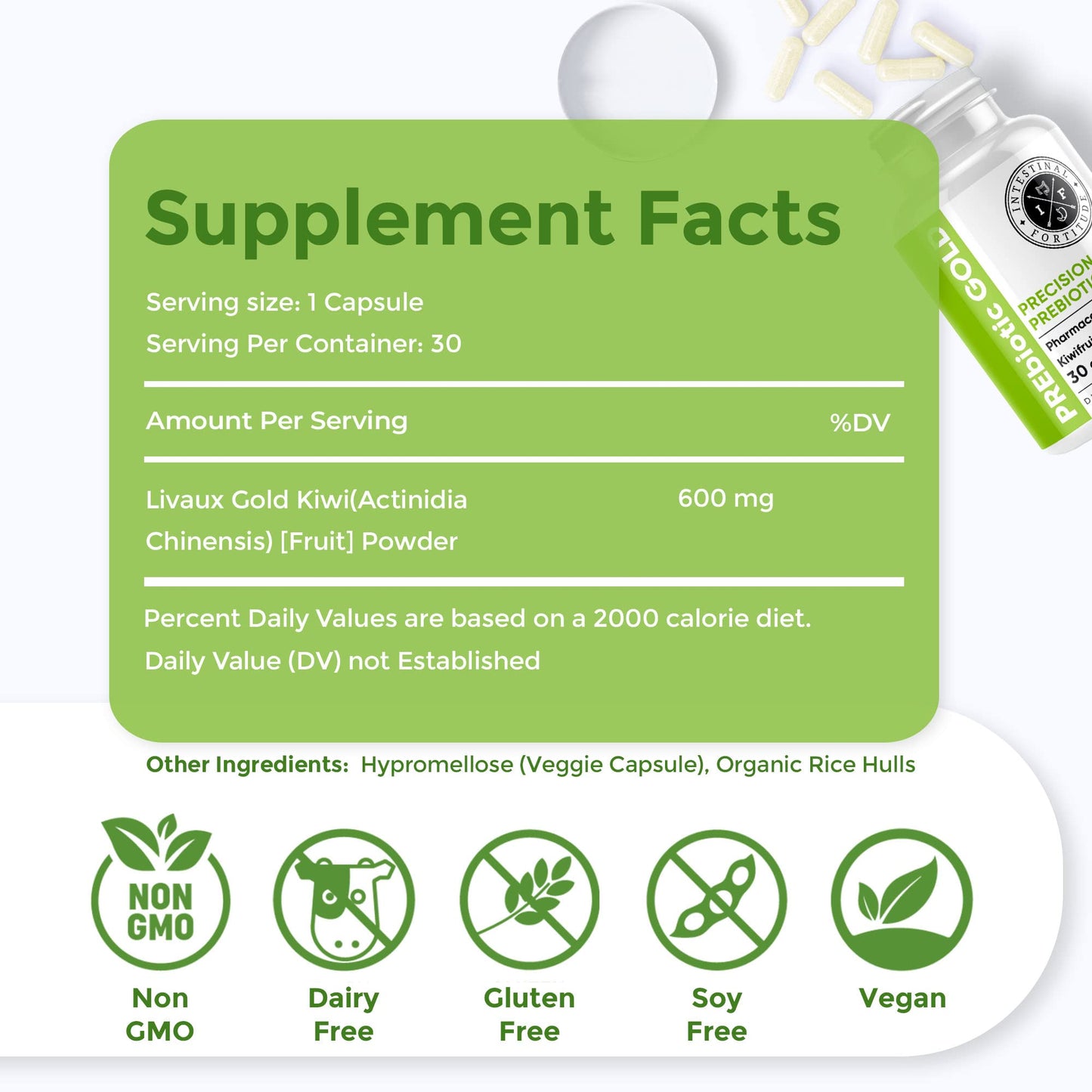 Intestinal Fortitude PREbiotic Gold: Kiwifruit Fiber, Butyrate & Prebiotic Restore Capsules, 30 Capsules