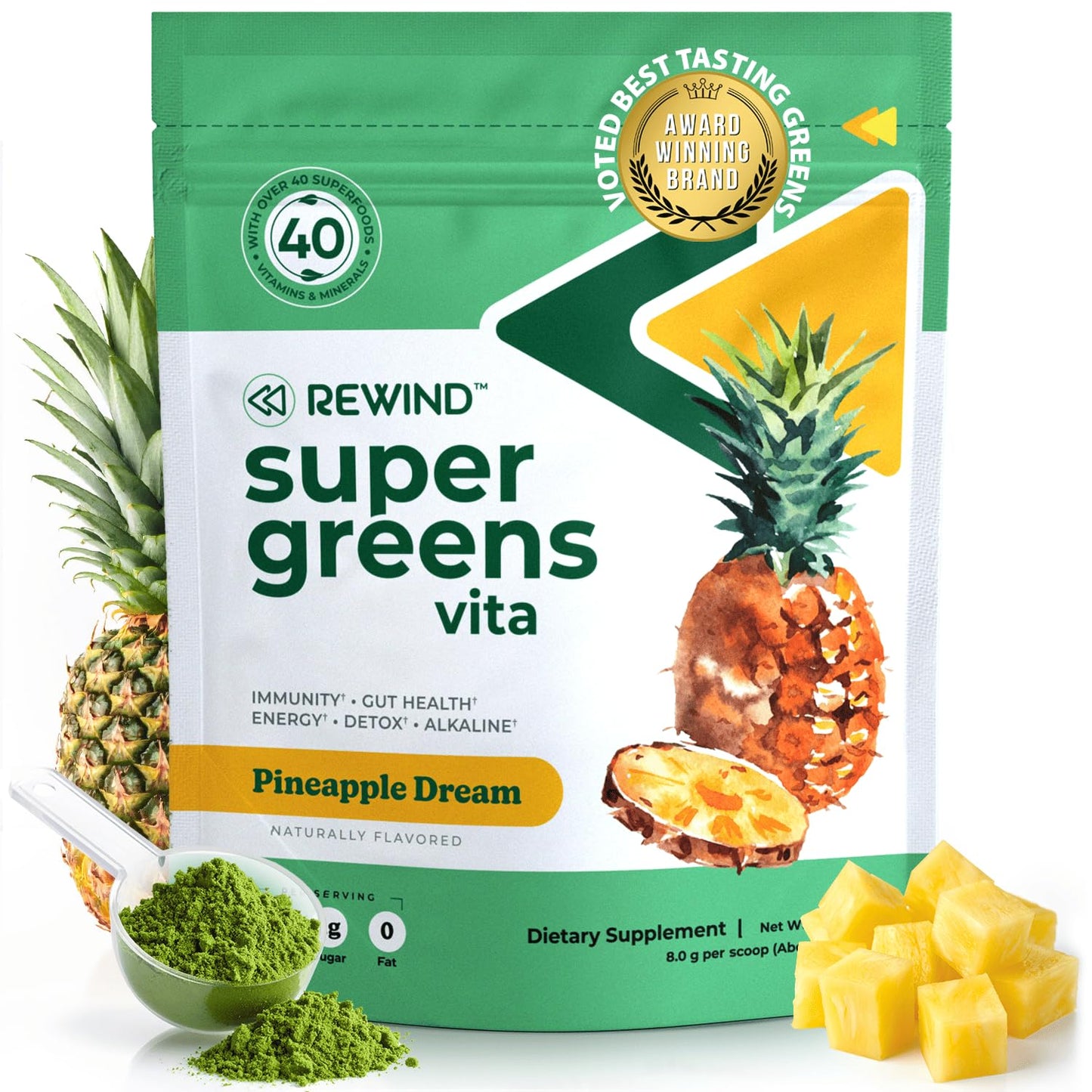 Rewind Best Tasting Super Greens Powder with 40+ Superfoods Pineapple Flavor, 8.5 Ounce