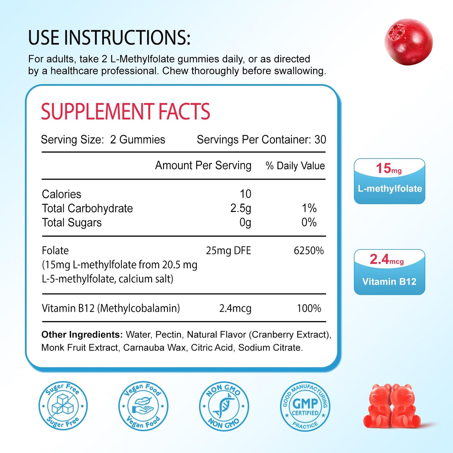 Zetelixia L-Methylfolate 15mg & Methyl B12 Gummies, 60 Count