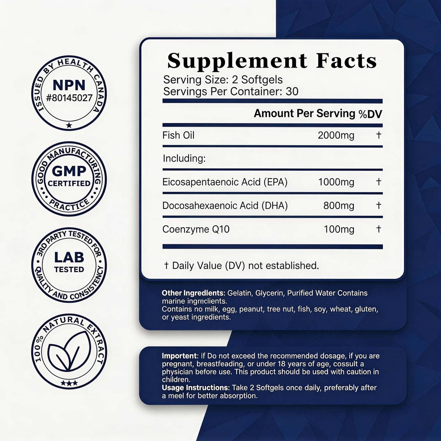SYNSHE Omega 3 Fish Oil with CoQ10 Softgel, 60 Count