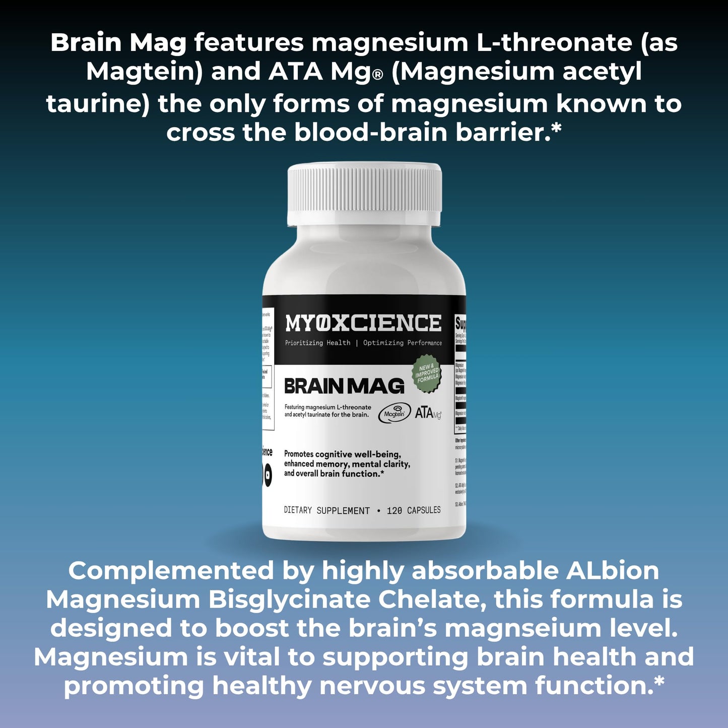 MYOXCIENCE Magnesium L-Threonate + Mag Acetyl-Taurate + Mag Glycinate, 120 Capsules