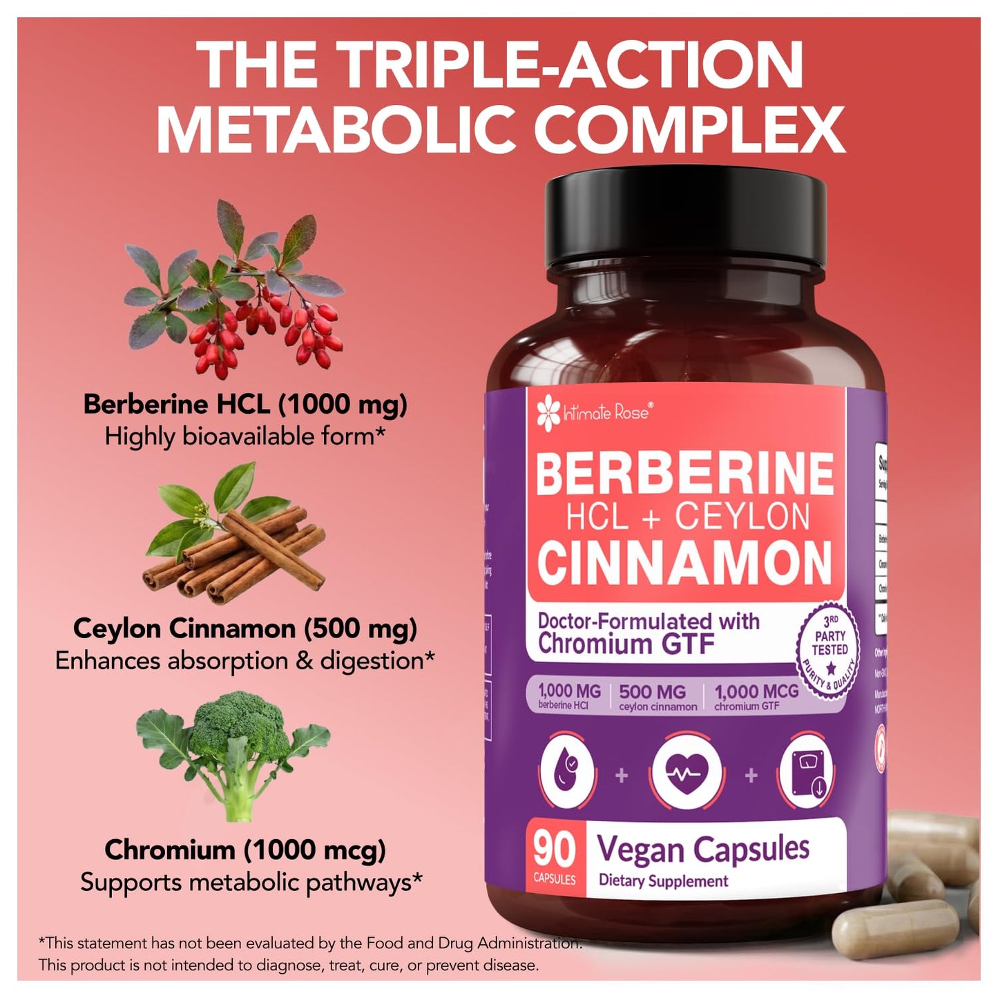 Intimate Rose Berberine Capsule 1500mg Max Potency with Ceylon Cinnamon & Chromium, Metabolic Wellness & Immune System Support, 90 Capsules