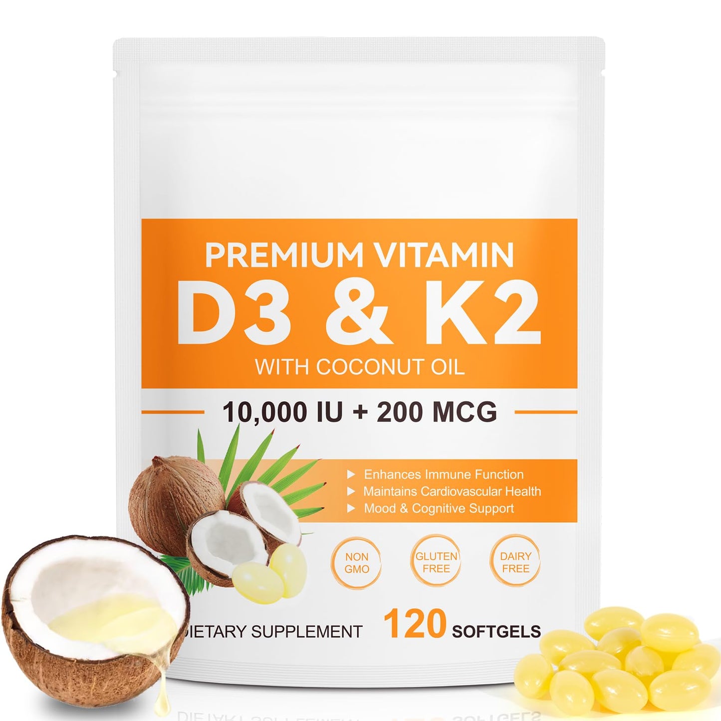 Flasture Vitamin D3 K2 Capsule, 10000 IU D3 + 200 mcg K2 (MK-7), 120 Capsules