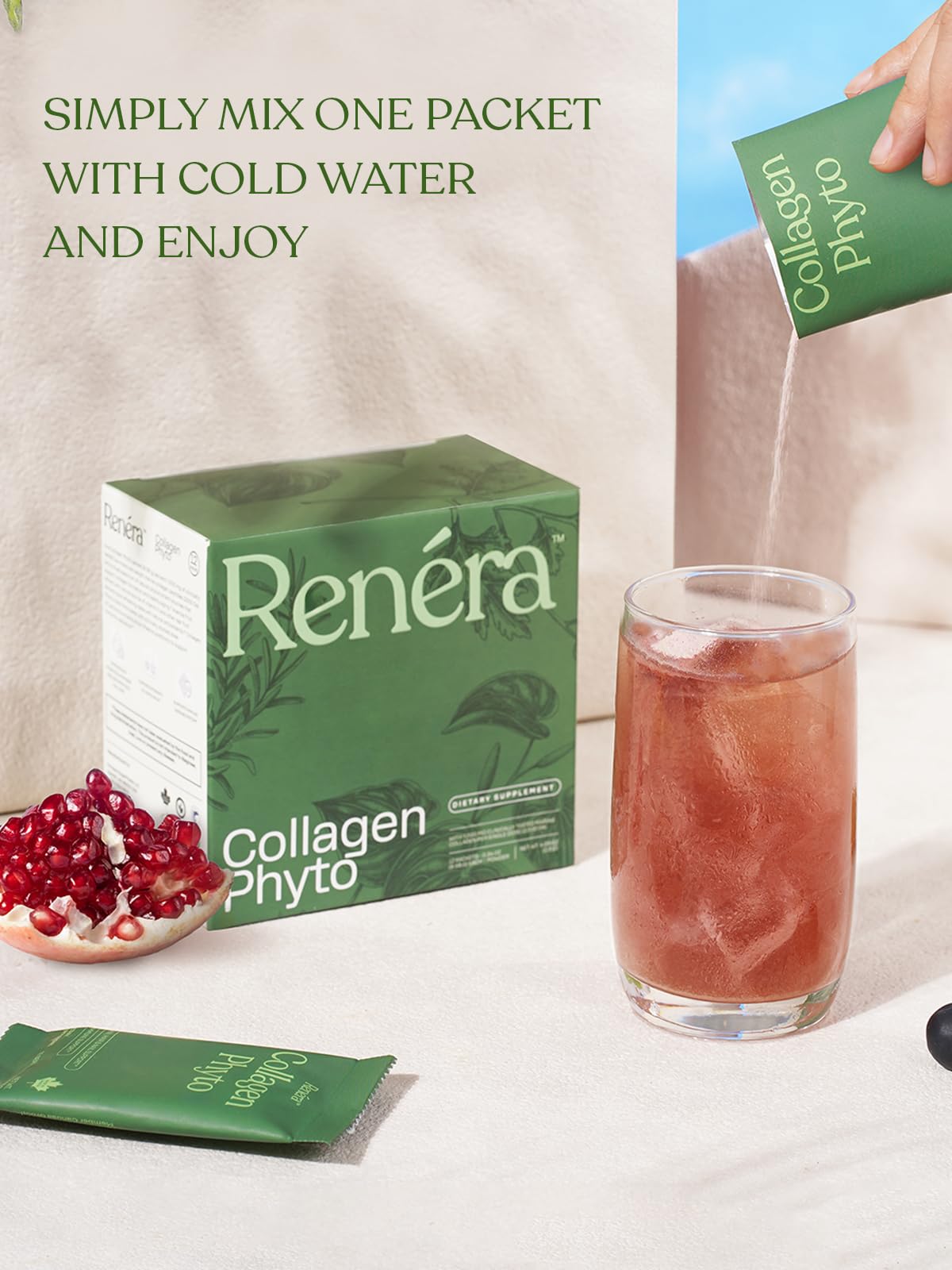 Renéra Collagen Phyto Powder with Marine Collagen Peptides & Postbiotic, Clinically Studied Ingredients for Healthy Skin, Hair, Nails and Immunity, Healthy Aging Support, 12 Packets