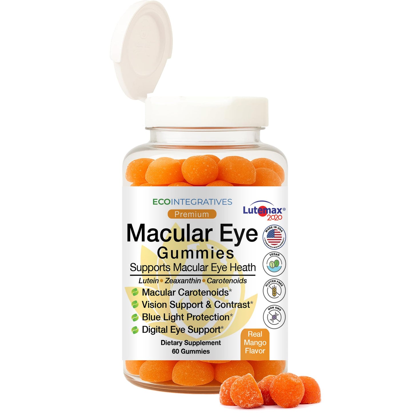 EcoIntegratives Premium Macular Eye Gummies with Lutemax 2020 – Lutein & Zeaxanthin Carotenoids for Eye Health, Blue Light & Vision Support, Real Mango Flavor, Easy Flip-Top Lid, 60 Gummies