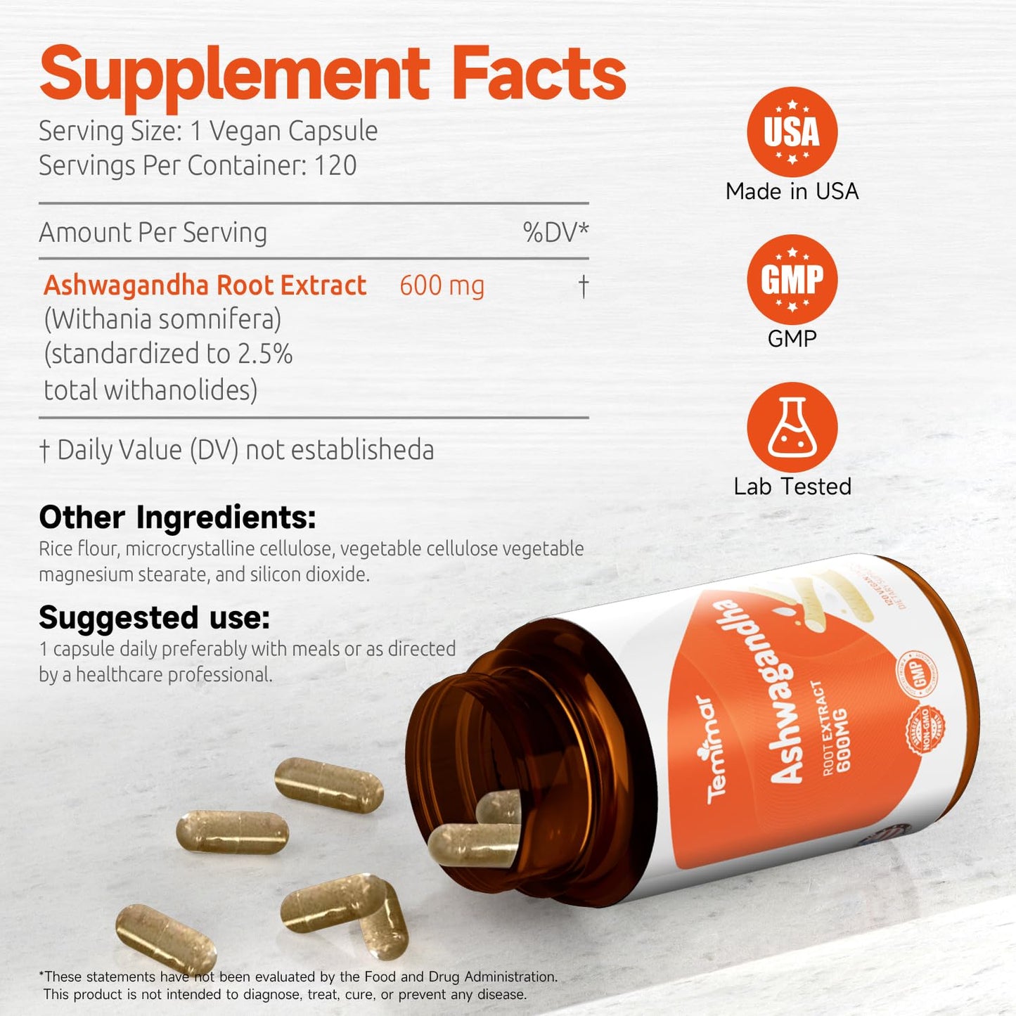Temimar Ashwagandha Root Extract 600mg Capsules, 120 Count