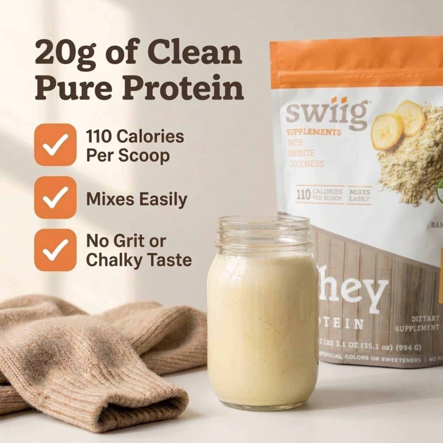swiig Premium Daily Whey Protein Powder, Banana, 2.2 lb