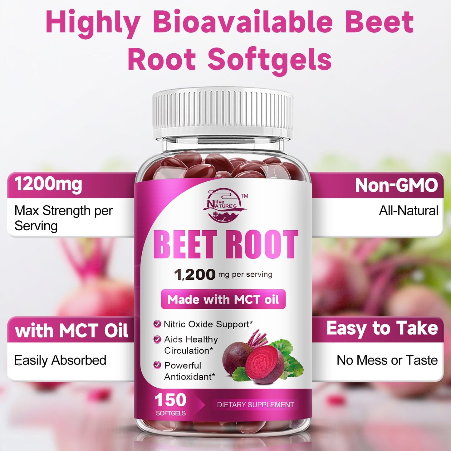 Nature's live Beet Root Supplement with MCT Oil Softgel 150 Count