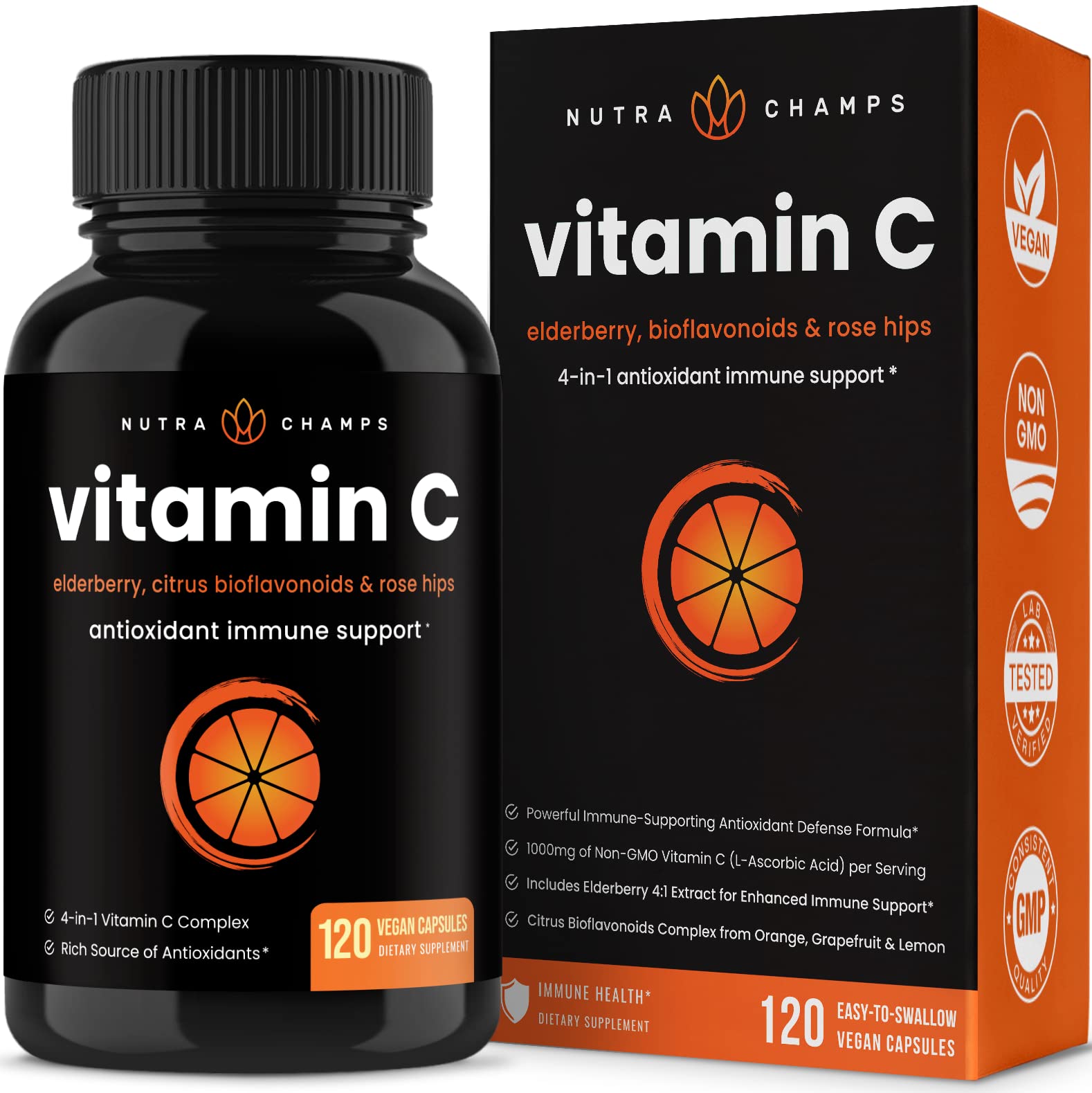 NutraChamps Vitamin C with Rose Hips and Elderberry & Citrus Bioflavonoids 120 Capsules