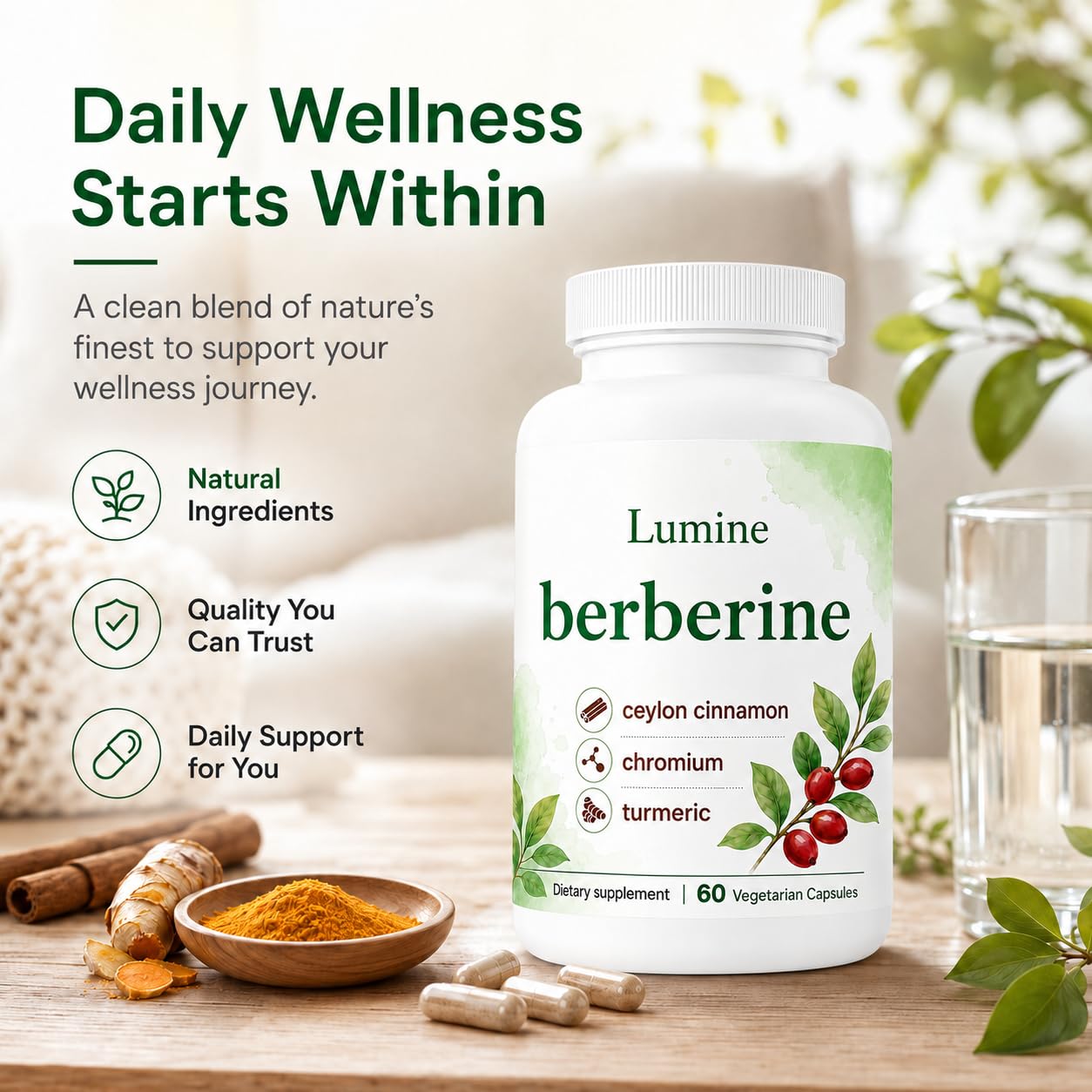 LUMINE Organics Berberine, Ceylon Cinnamon, Turmeric Capsules, 60 Count