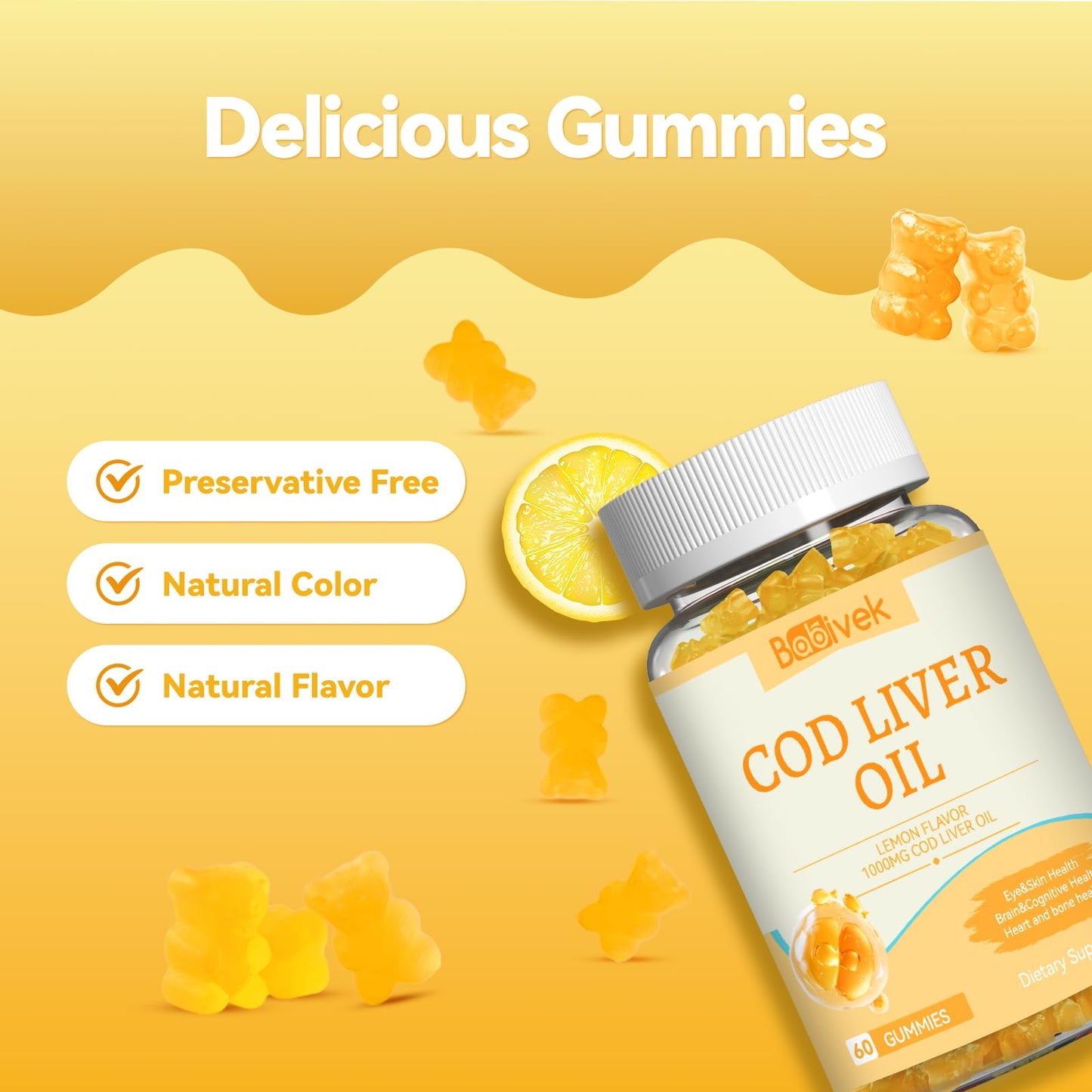 Babivek Cod Liver Oil Gummies 1000mg for Adults & Kids Fish Oil Supplement, 60 Count