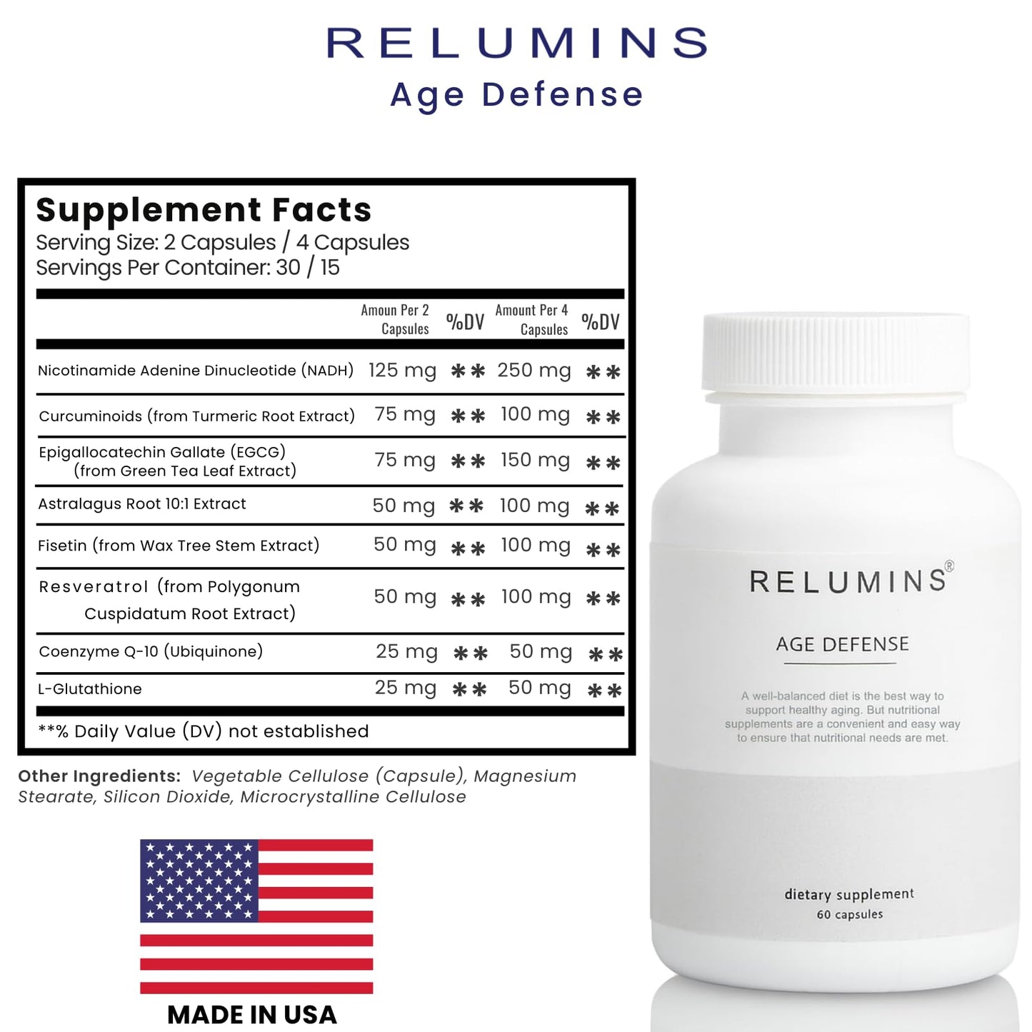 Relumins Age Defense NAD+ Supplement with NADH, CoQ10, Glutathione, Resveratrol, Fisetin, Curcumin & EGCG – Antioxidant Support, 60 Capsules