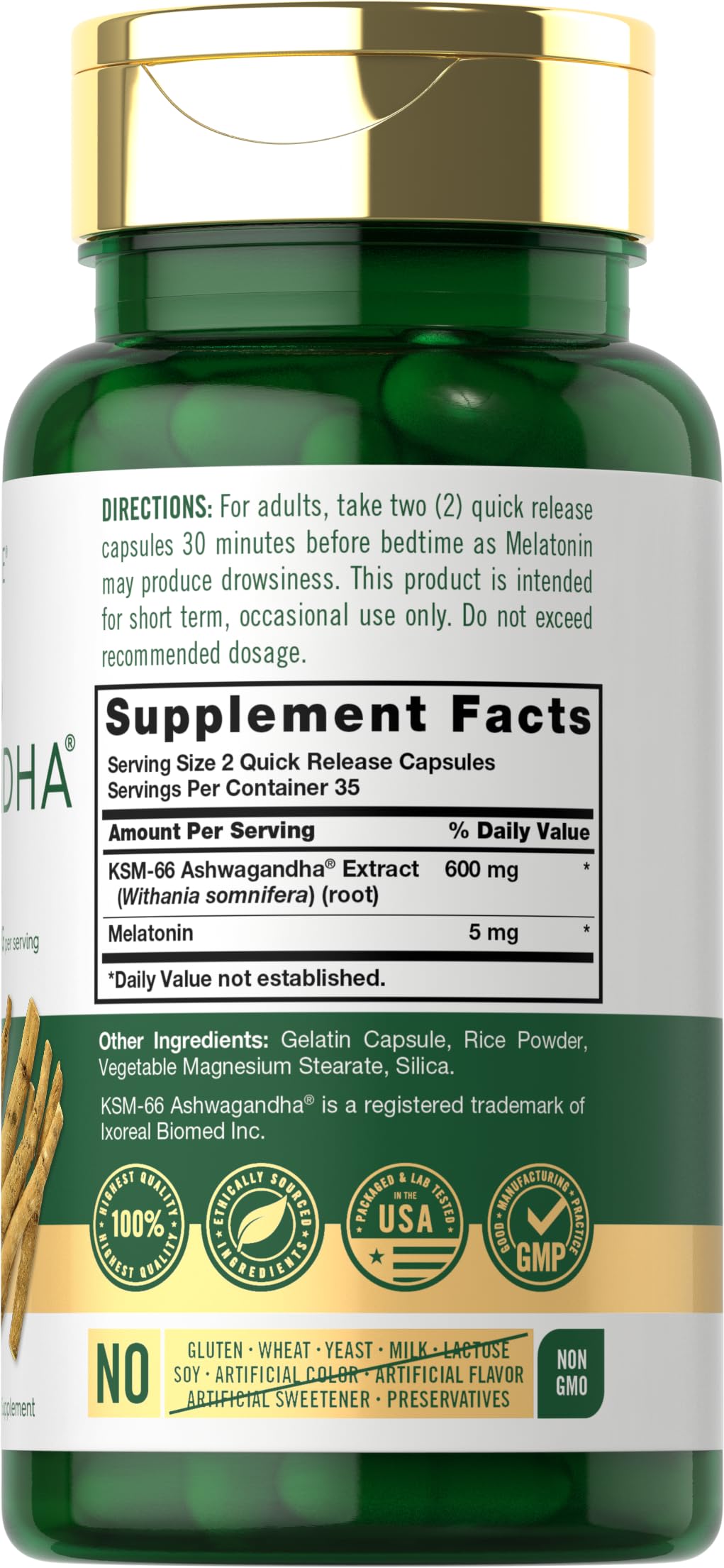 Carlyle KSM-66 Ashwagandha Capsules 600mg with Melatonin 5mg Potent Complex Non-GMO Gluten Free, 70 Count