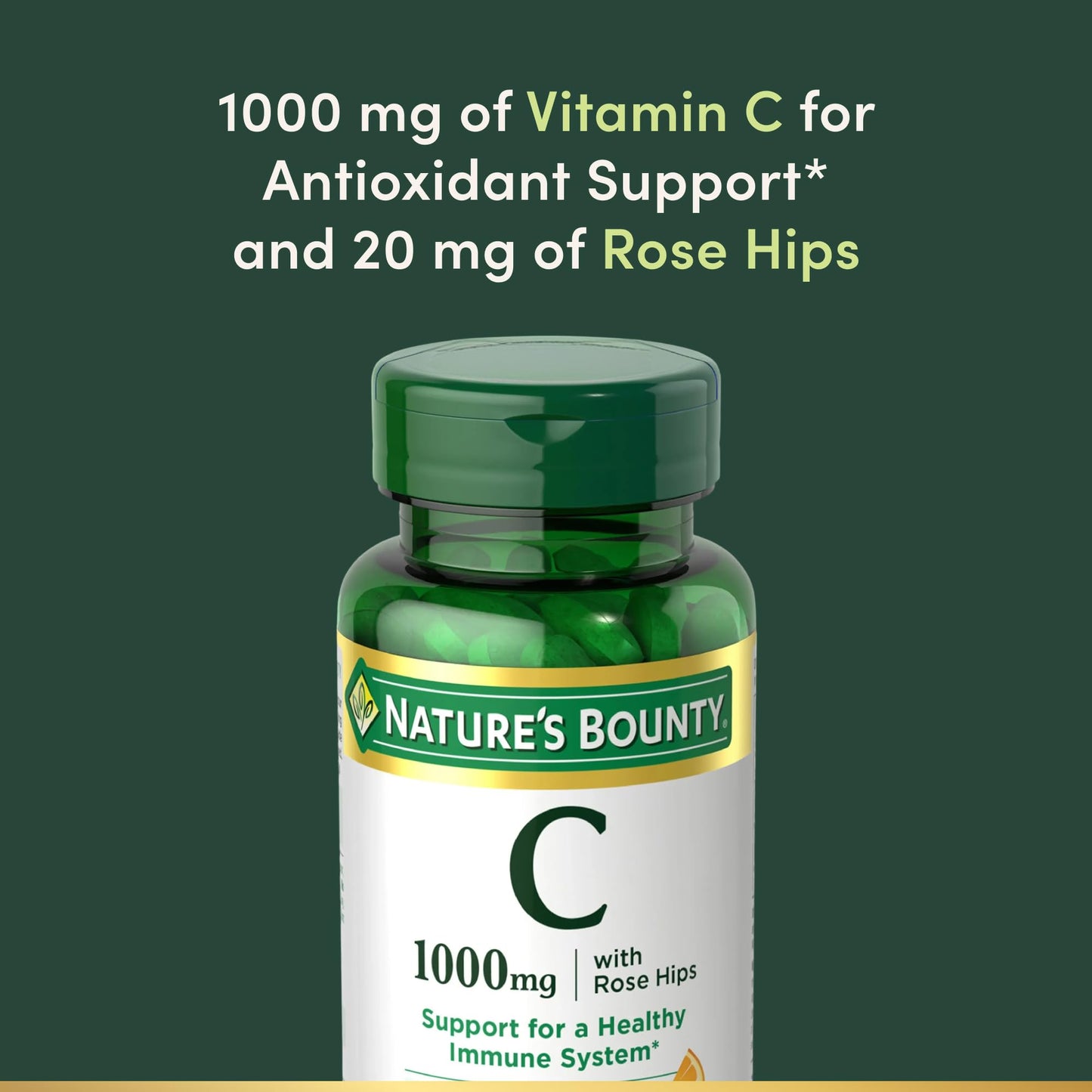 Nature's Bounty Vitamin C + Rose Hips, Immune Support, 1000mg Vitamin C, Tablets, 100 Count