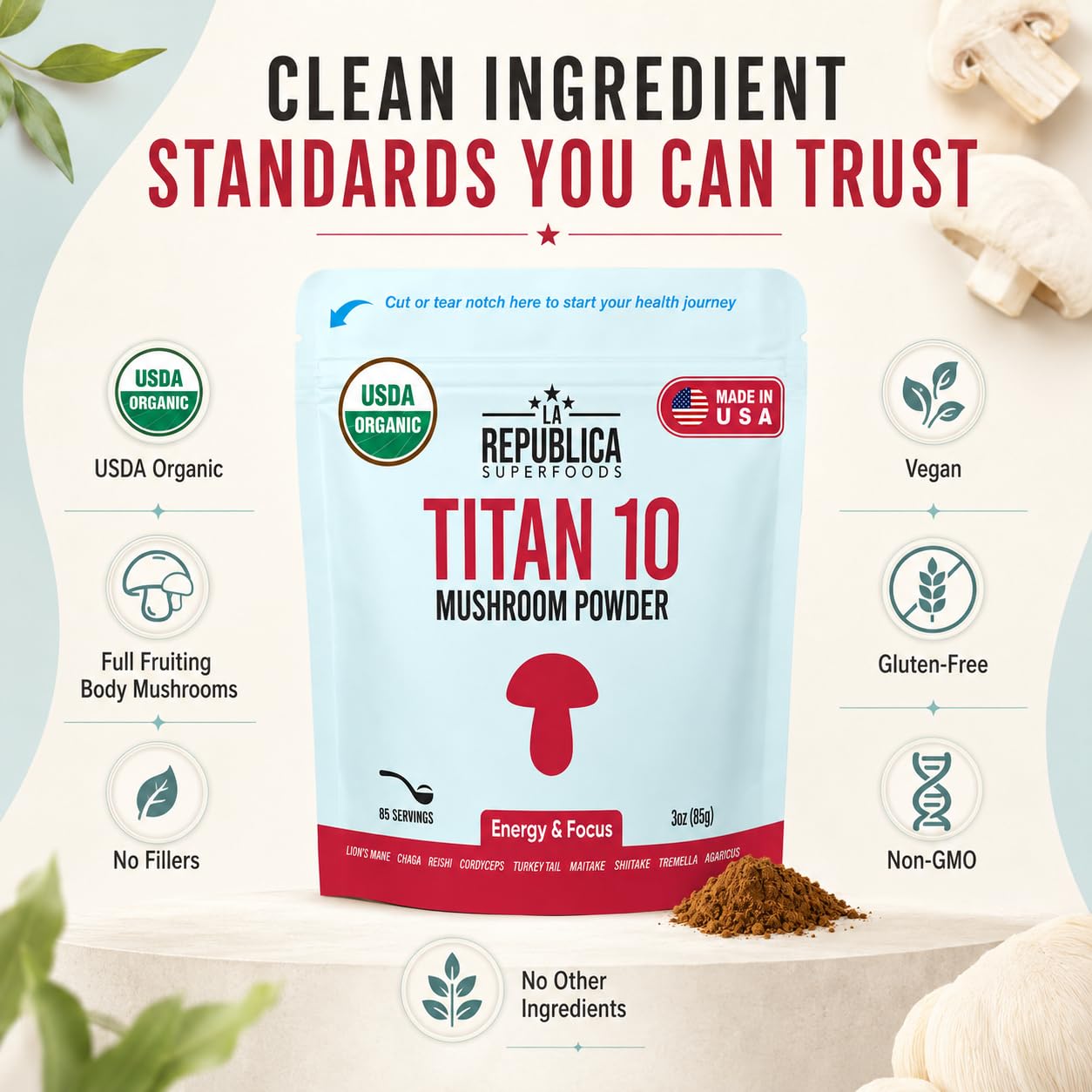 LRLA SUPERFOODS La Republica Titan10 Organic Mushroom Powder, 3 oz