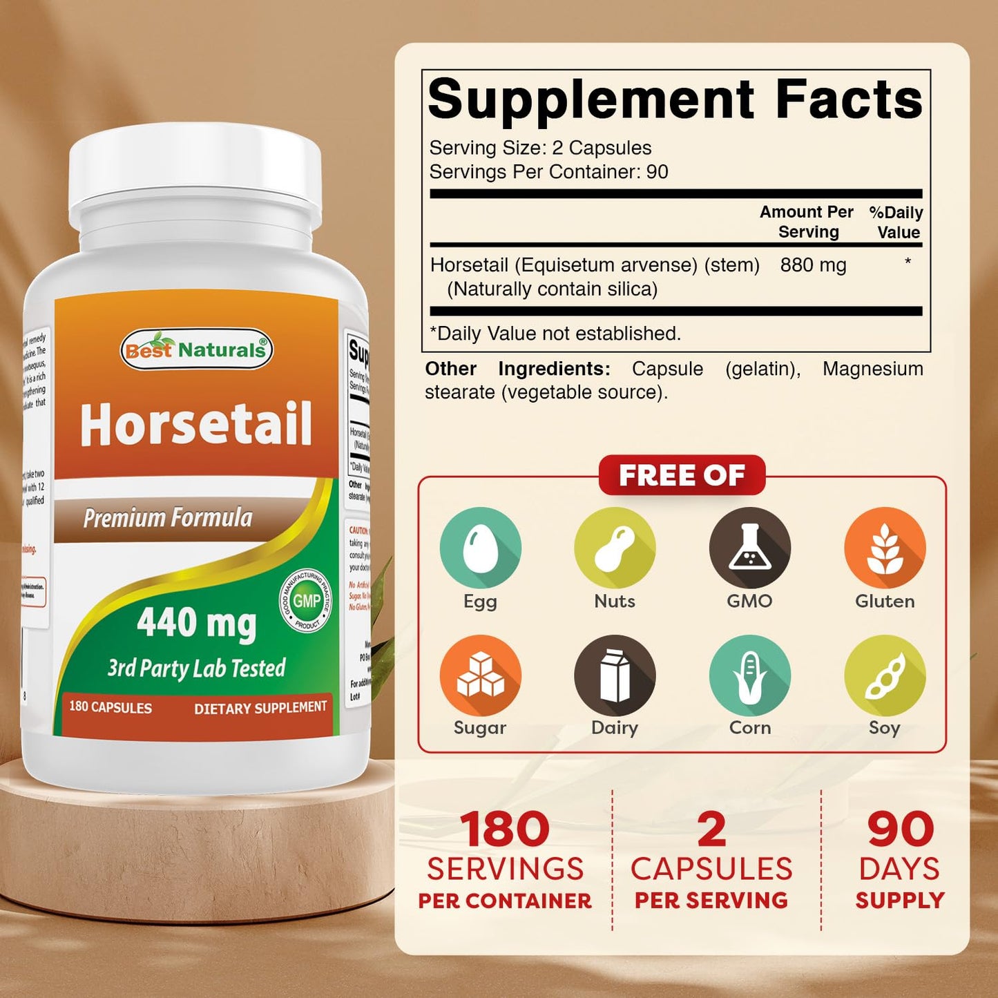 Best Naturals Horsetail 440 mg Capsules, 360 Capsules