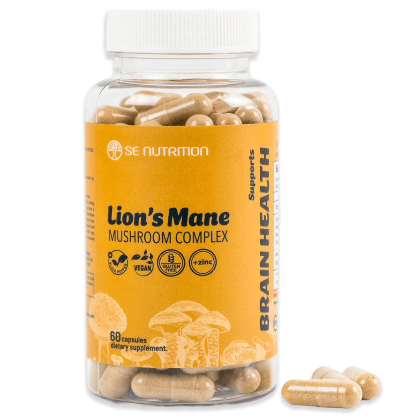 SE Nutrition Lion’s Mane Mushroom Capsules with Zinc for Optimal Absorption – Clean, Natural, Vegan, Non-GMO – Brain & Cognitive Support, Focus, Memory & Immune Activation – 60 Capsules