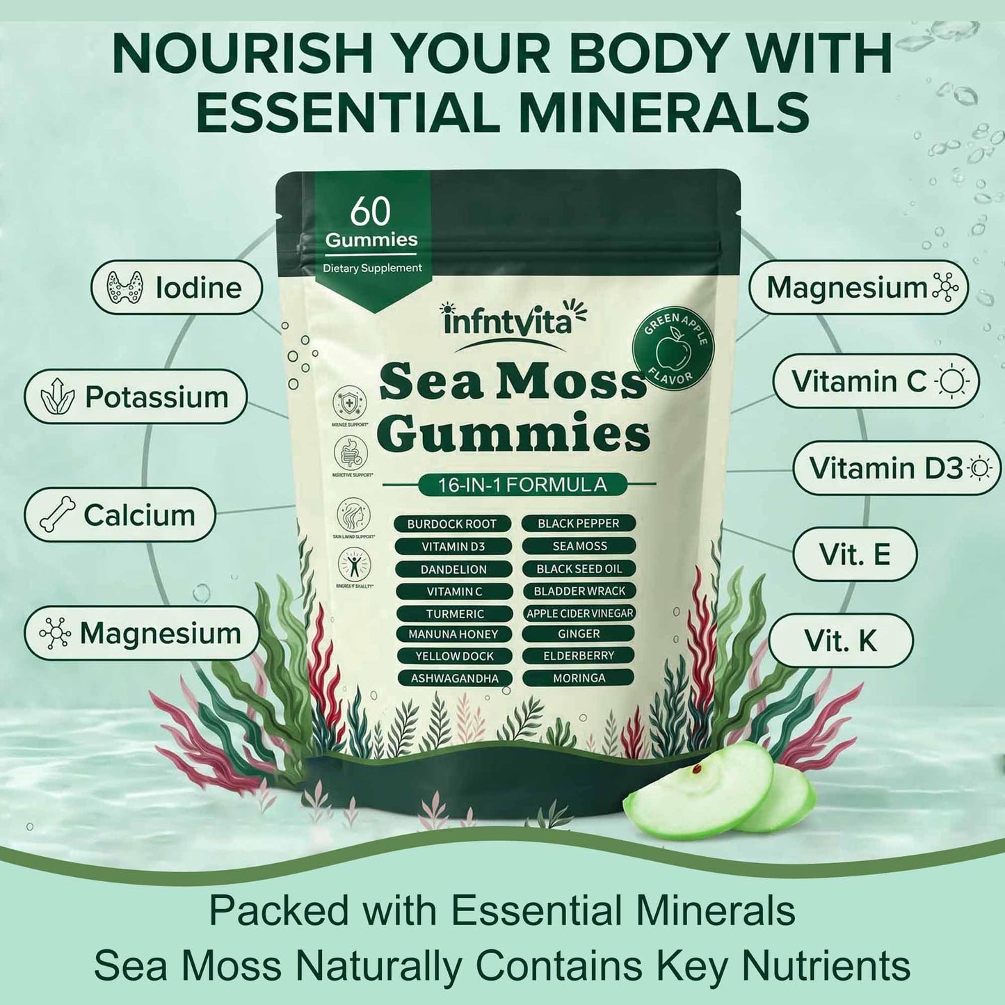 YALGET Sea Moss Gummies 16-in-1 with Ashwagandha, Black Seed Oil, Ginger, Turmeric, Manuka Honey, Black Pepper, Moringa, Elderberry – Daily Wellness & Immune Support – Apple Flavor, 60 Gummies
