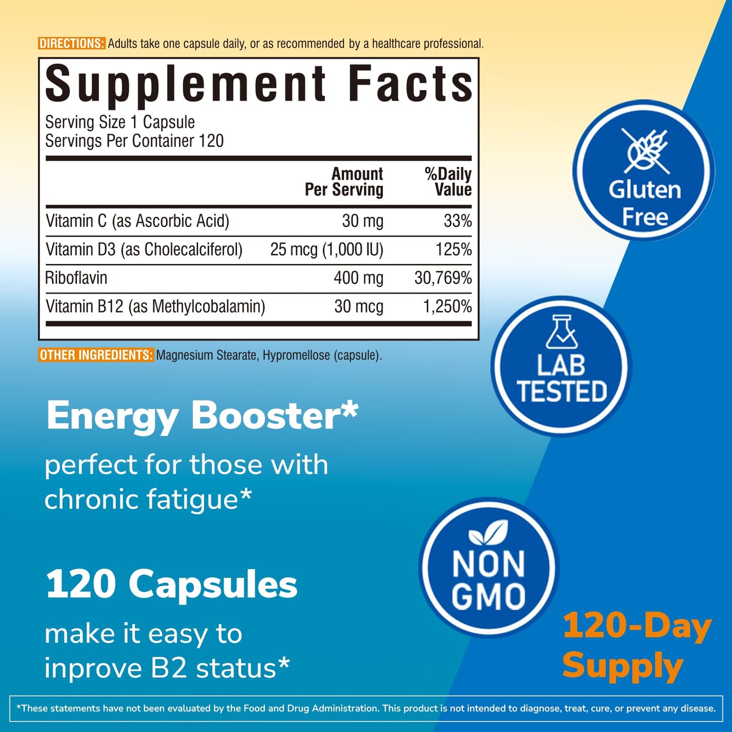 Vitalibre Vitamin B2 400 mg Riboflavin Capsule, 120 Capsules