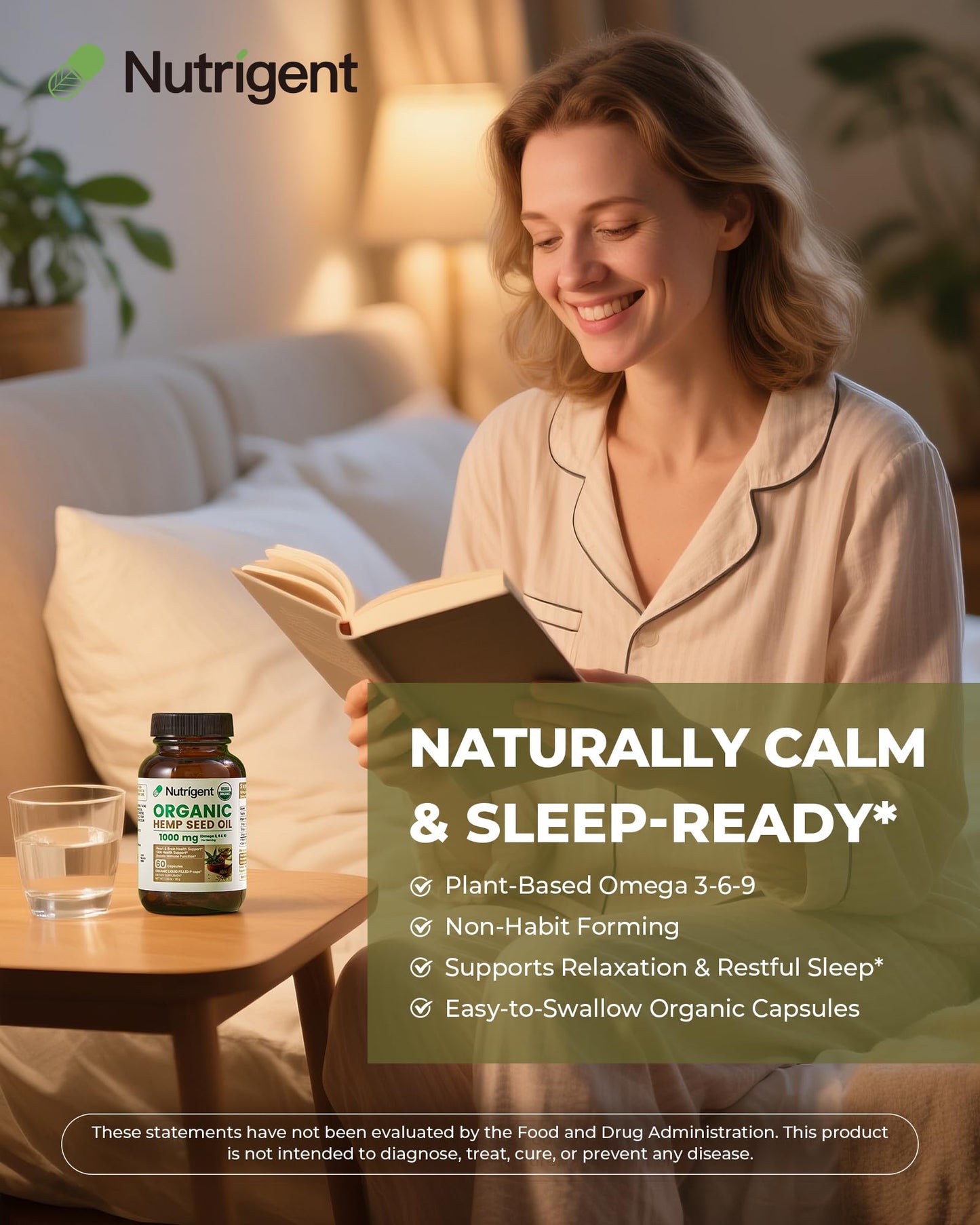 Nutrigent USDA Organic Hemp Seed Oil 1000 mg, Cold Pressed & 100% Pure, Plant-Based Omega 3-6-9 for Heart, Joint, Relaxation & Emotional Wellness, 60 Capsules