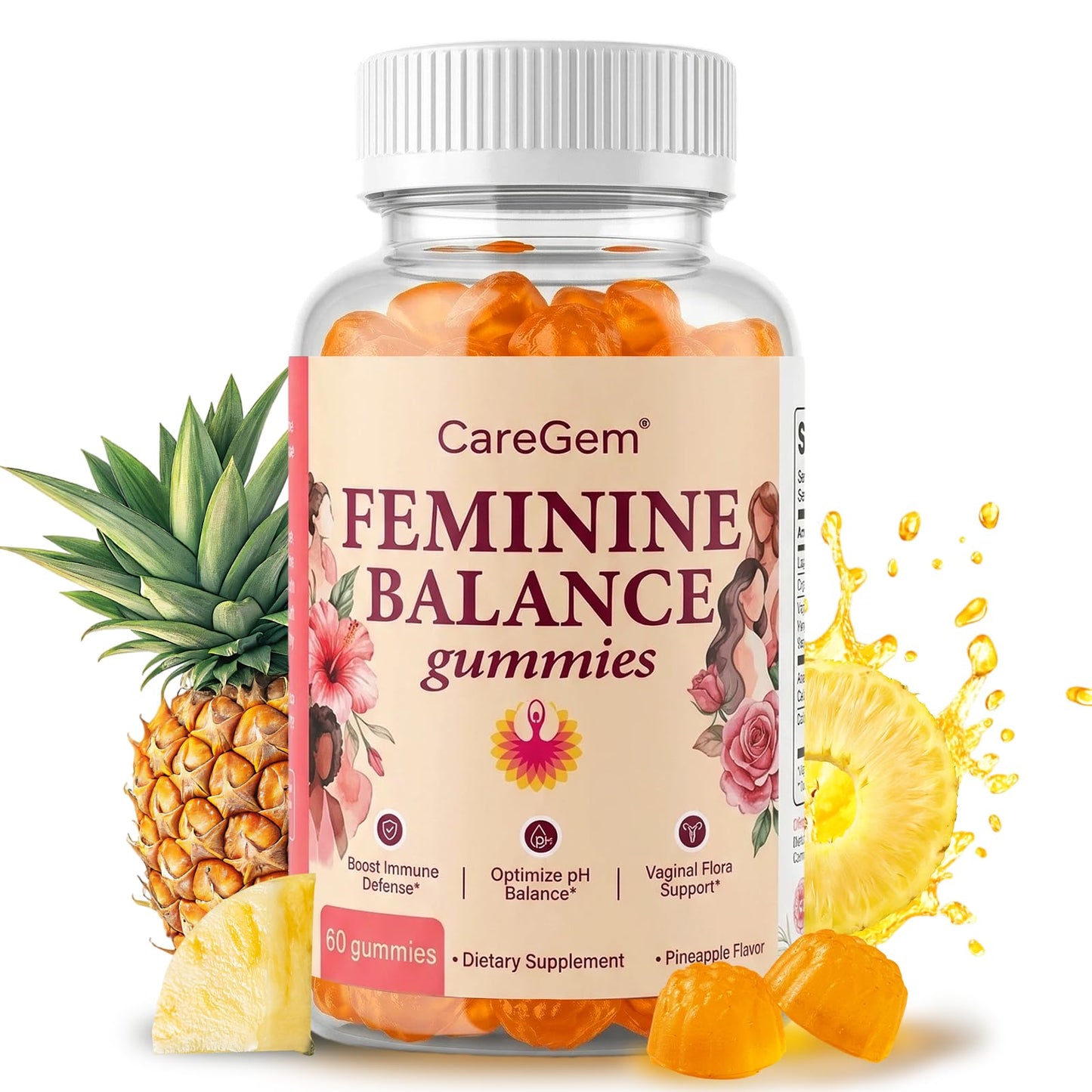 CareGem Feminine Balance Gummies – pH Balance for Women & Vaginal Health – Pineapple Probiotics with Bacillus Coagulans – Odor Control & Flora Support, 60 Gummies