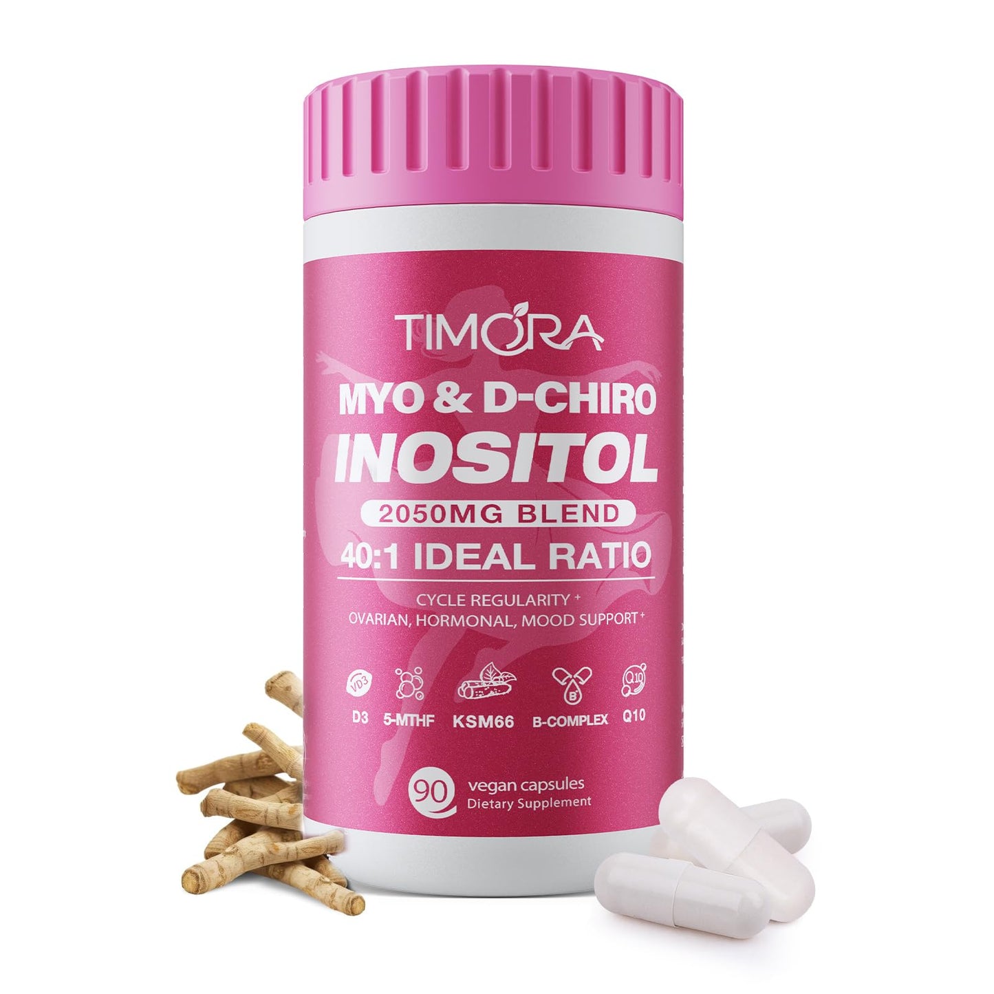 TIMORA Myo & D-Chiro Inositol Supplement 40:1 Ratio for Women - 10-in-1 Formula with Folate, Vitamin D3 & Ashwagandha Capsule, 90 Count