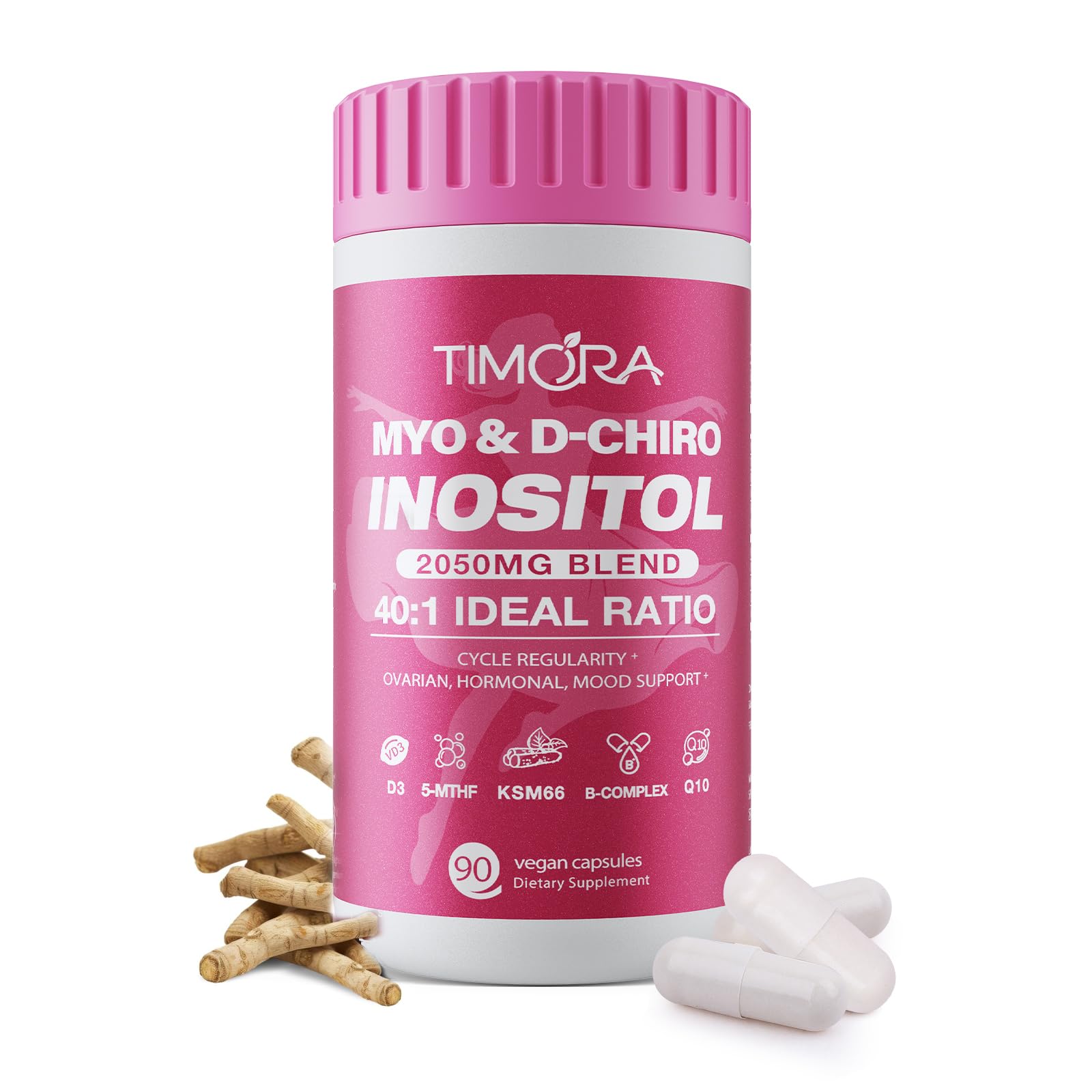 TIMORA Myo & D-Chiro Inositol Supplement 40:1 Ratio for Women - 10-in-1 Formula with Folate, Vitamin D3 & Ashwagandha Capsule, 90 Count