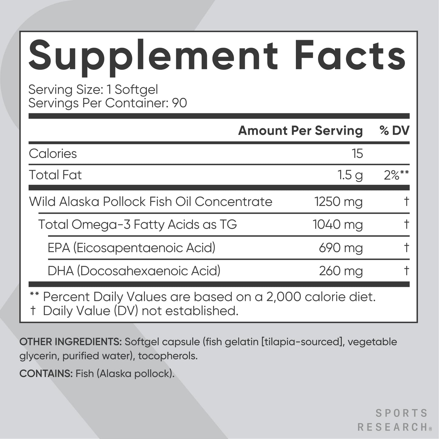 Sports Research Omega-3 Fish Oil 1250 Softgels, 90 Count