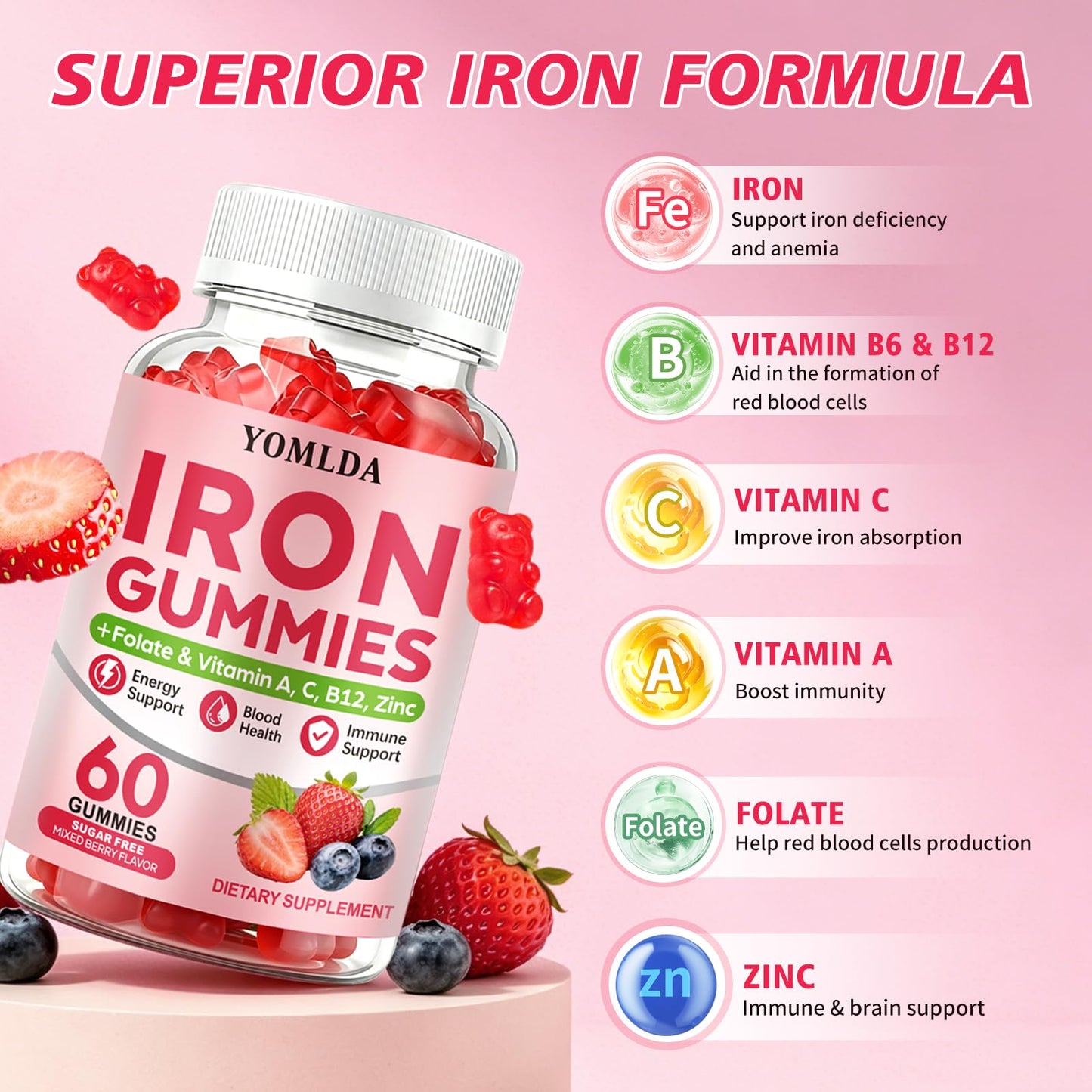 YOMLDA Iron Gummies for Women, Men & Kids - Vegan Sugar-Free with Vitamin C, A, B-Complex & Folate for Energy, Blood & Immune Support, 60 Gummies