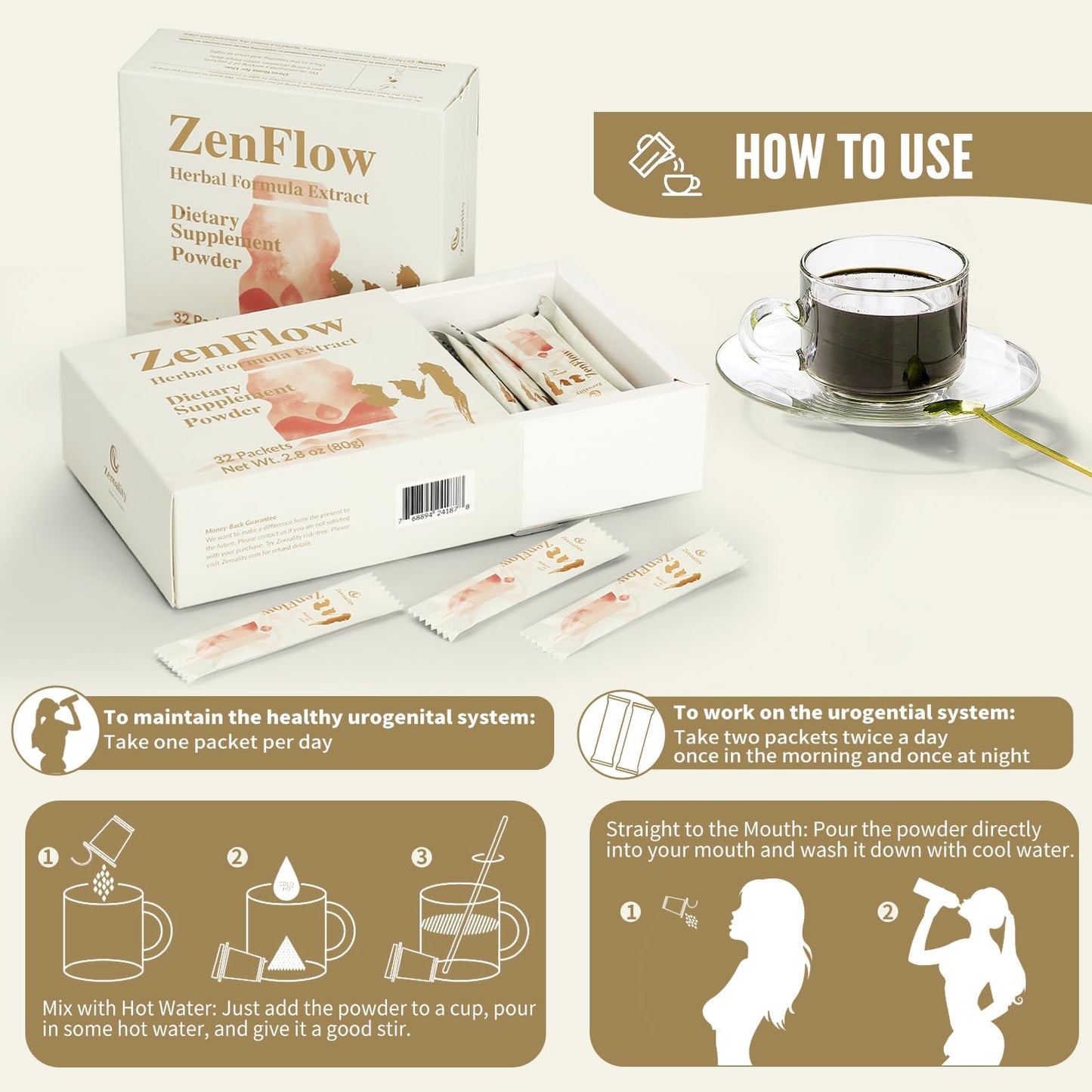 Zeroality ZenFlow PMS and Menstrual Support, TCM, Dong Quai Powder 32 Packets