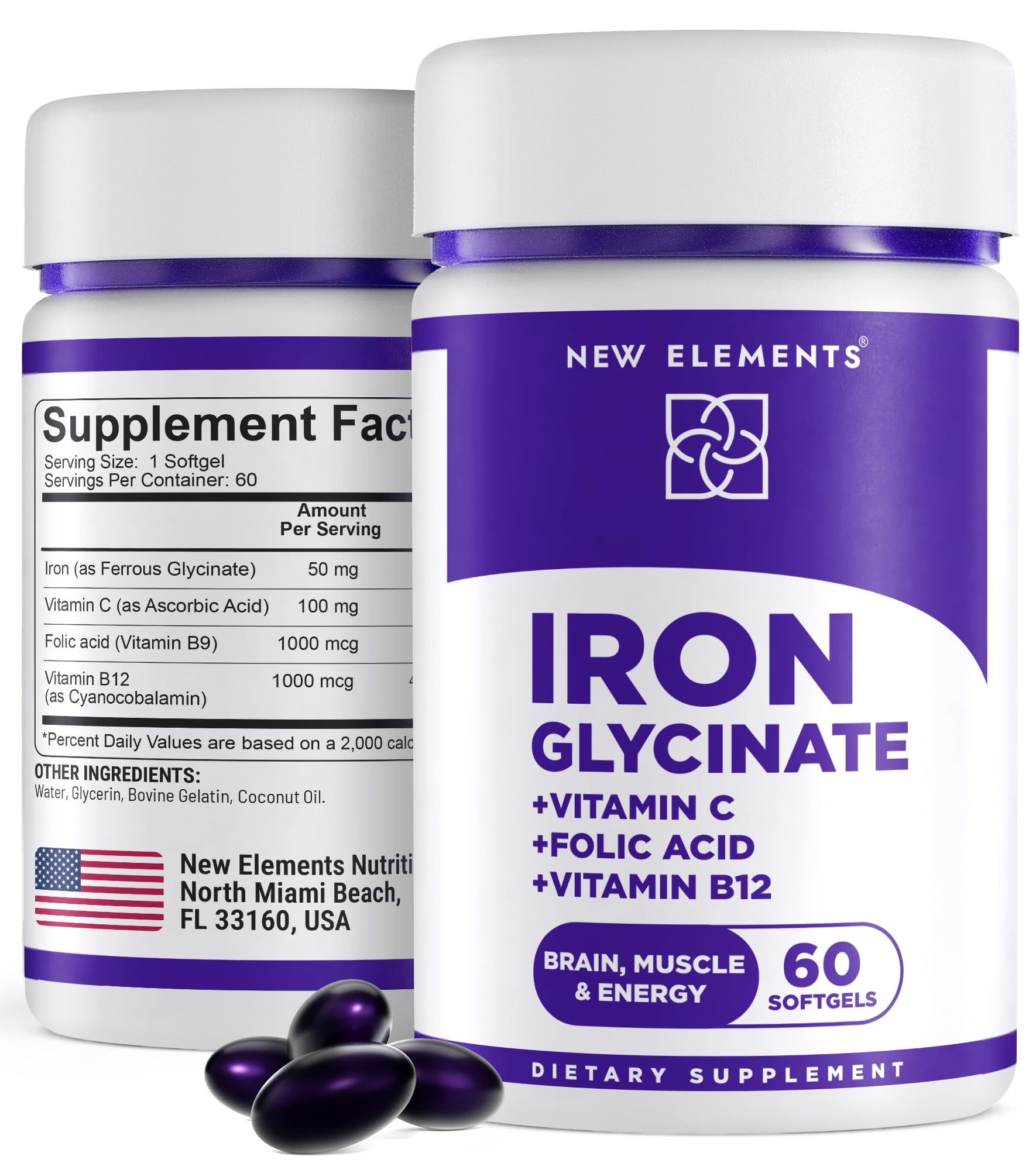 New Elements Iron Glycinate 50mg + Vitamin C, Folic Acid 1000mcg, Vitamin B12 Softgels, 60 Count