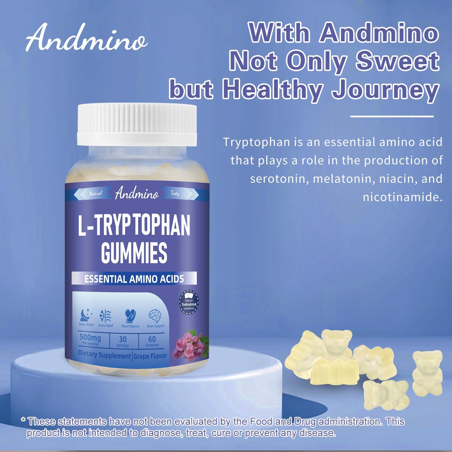 andmino L-Tryptophan Gummies 500mg with Trehalose, 60 Gummies