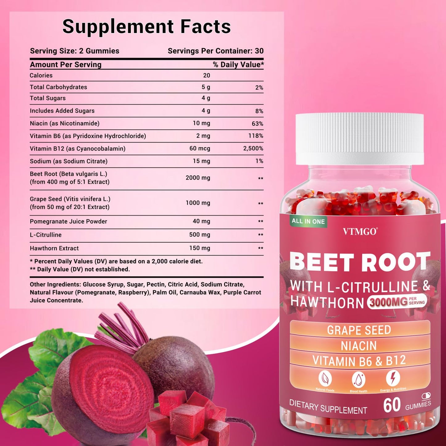 VTMGO Beet Root Gummies 3000mg, 60 Count